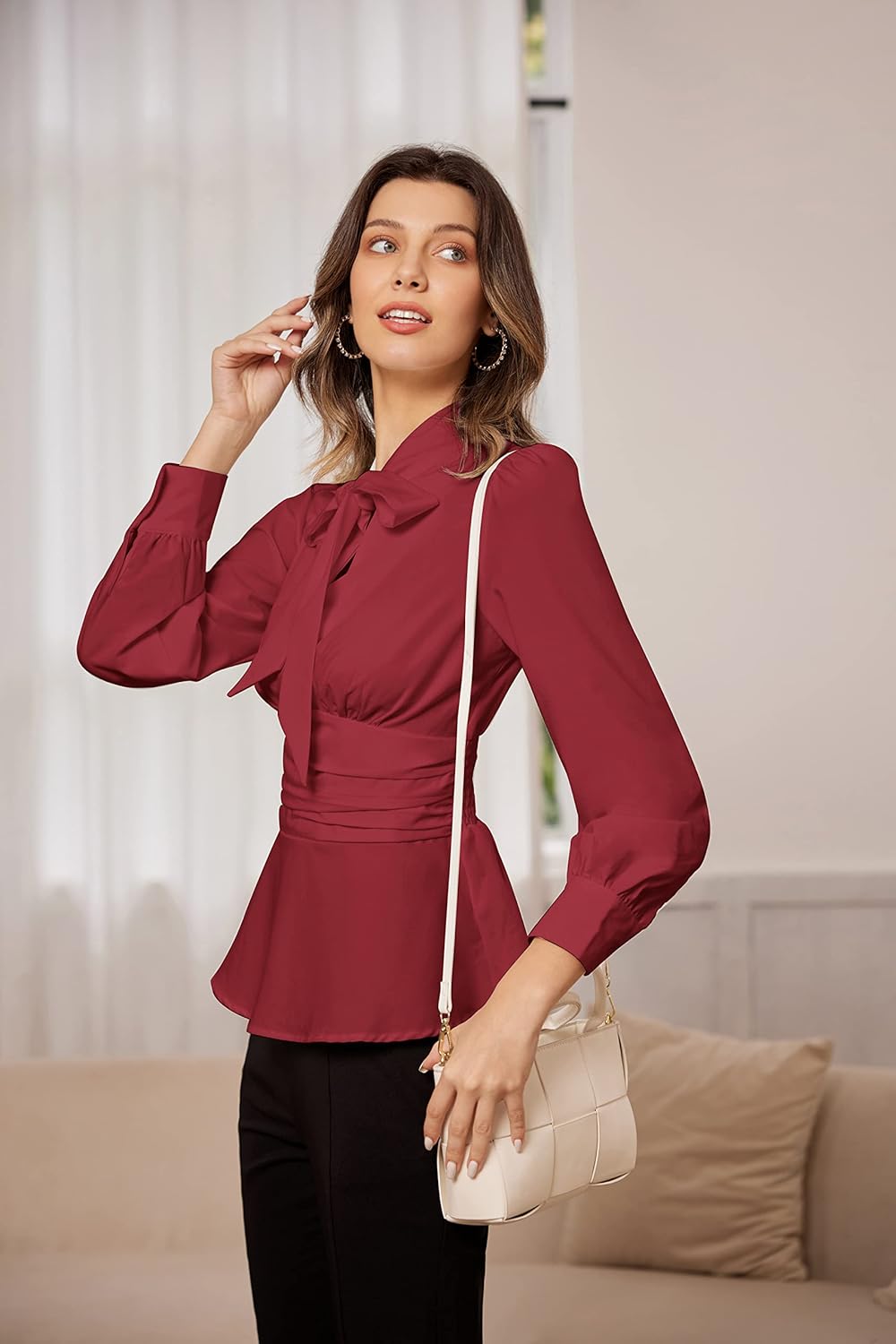 GRACE KARIN Women's 2025 Long Sleeve Peplum Dressy Shirt Office Bow Tie Work Blouses Tops Smocked Waist - Image 3