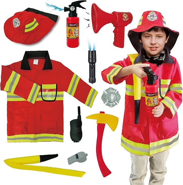 Kobeela Fireman Costume for Kids, Firefighter Dress Up Outfit with Toy Accessories for 3-6 Years Old Boys and Girls Halloween Role Play, Christmas Gifts