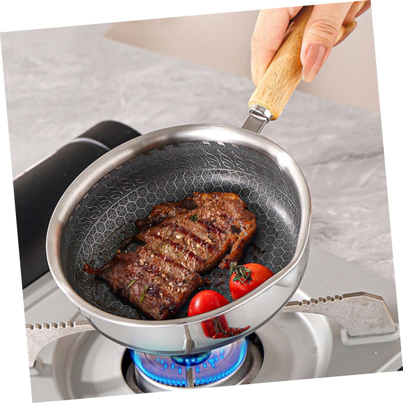 iplusmile Padella Antiaderente in Acciaio Inossidabile Con Manico in Legno Fondo Piatto e Rivestimento a Nido D'alveare Per Fritture Leggere Adatta Piani Induzione Gas Ed Elettrici Per Uova