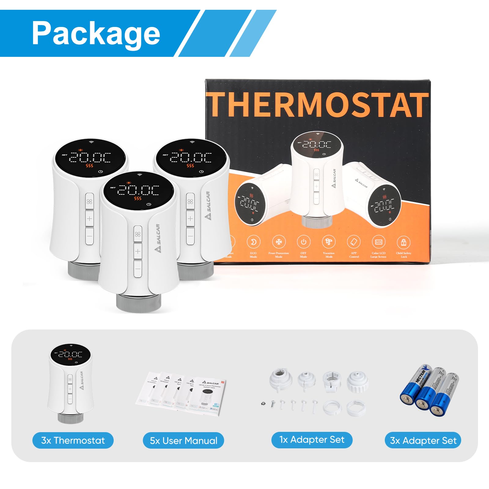SALCAR Termostato intelligente per termosifoni, TRV706W, set da 3 pezzi, termostato WiFi, compatibile con Amazon Alexa e Google Home, programmabile Tuya, termostato intelligente con 9 batterie