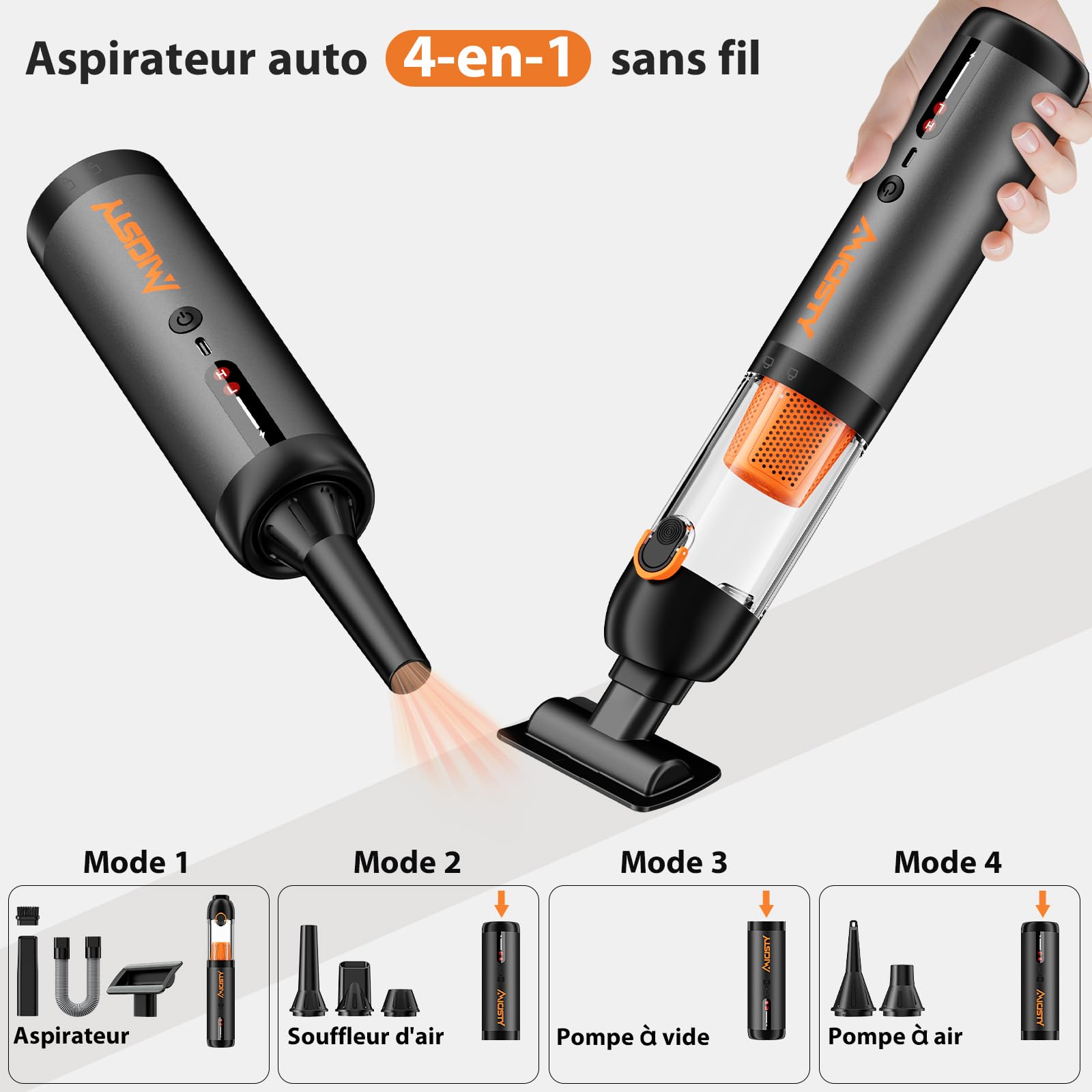 Aspirateur de Voiture sans-Fil Puissant 30kPa, Aspirateur à Main 7800mAh Batterie, Moteur sans Balais, 50 Min Autonomie, 1.5H Charge Rapide, 4-in-1 Mini Aspirateur/Souffleur/Gonfleur/Pompe