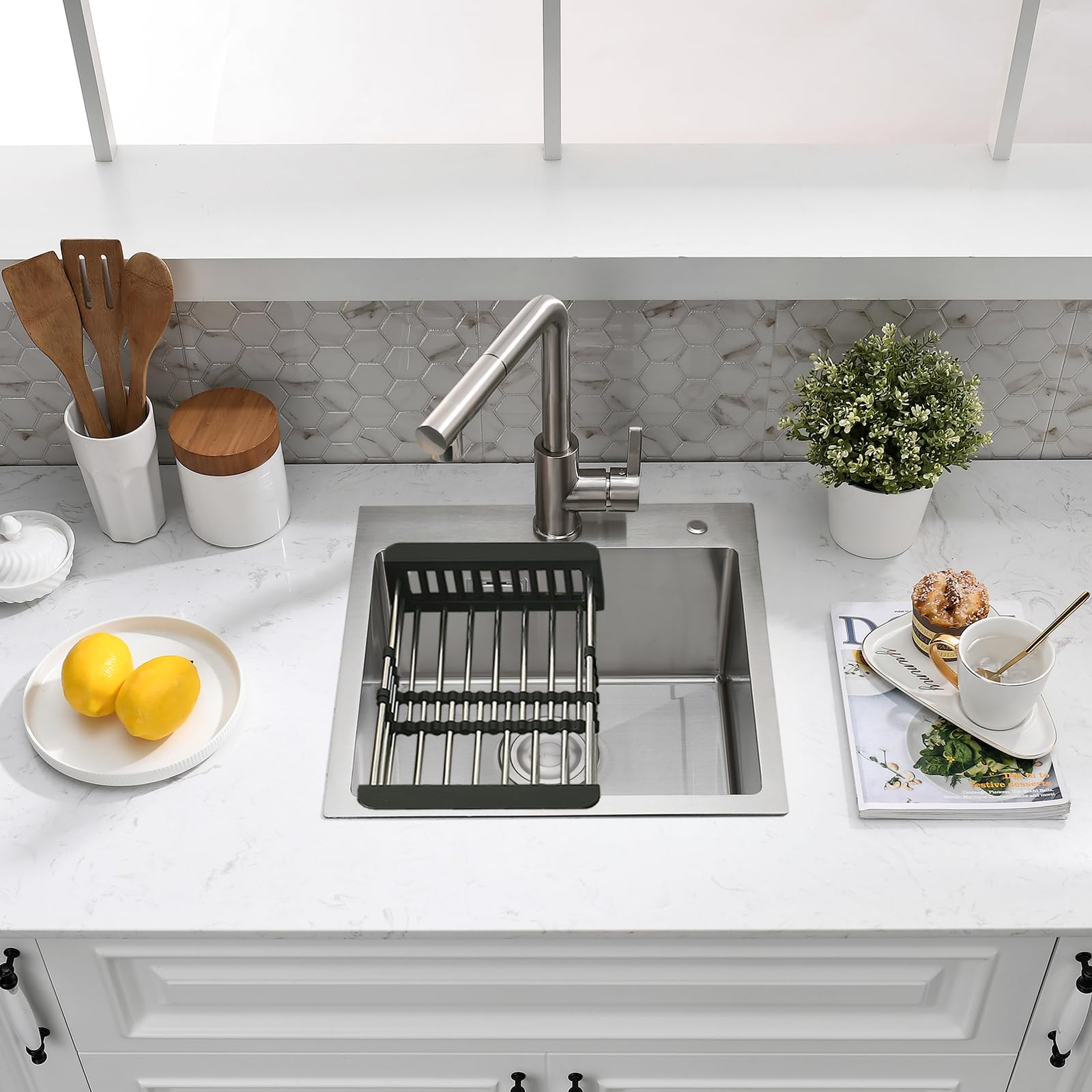 38 x 38 cm Evier Cuisine Inox 1 Bac avec Panier Télescopique, Brossé | Évier 1 Cuve Acier Inox, Pose Encastrée ou Sur Plan, Équipé de 2 Trous Robinetterie, Bonde de Vidange Complète