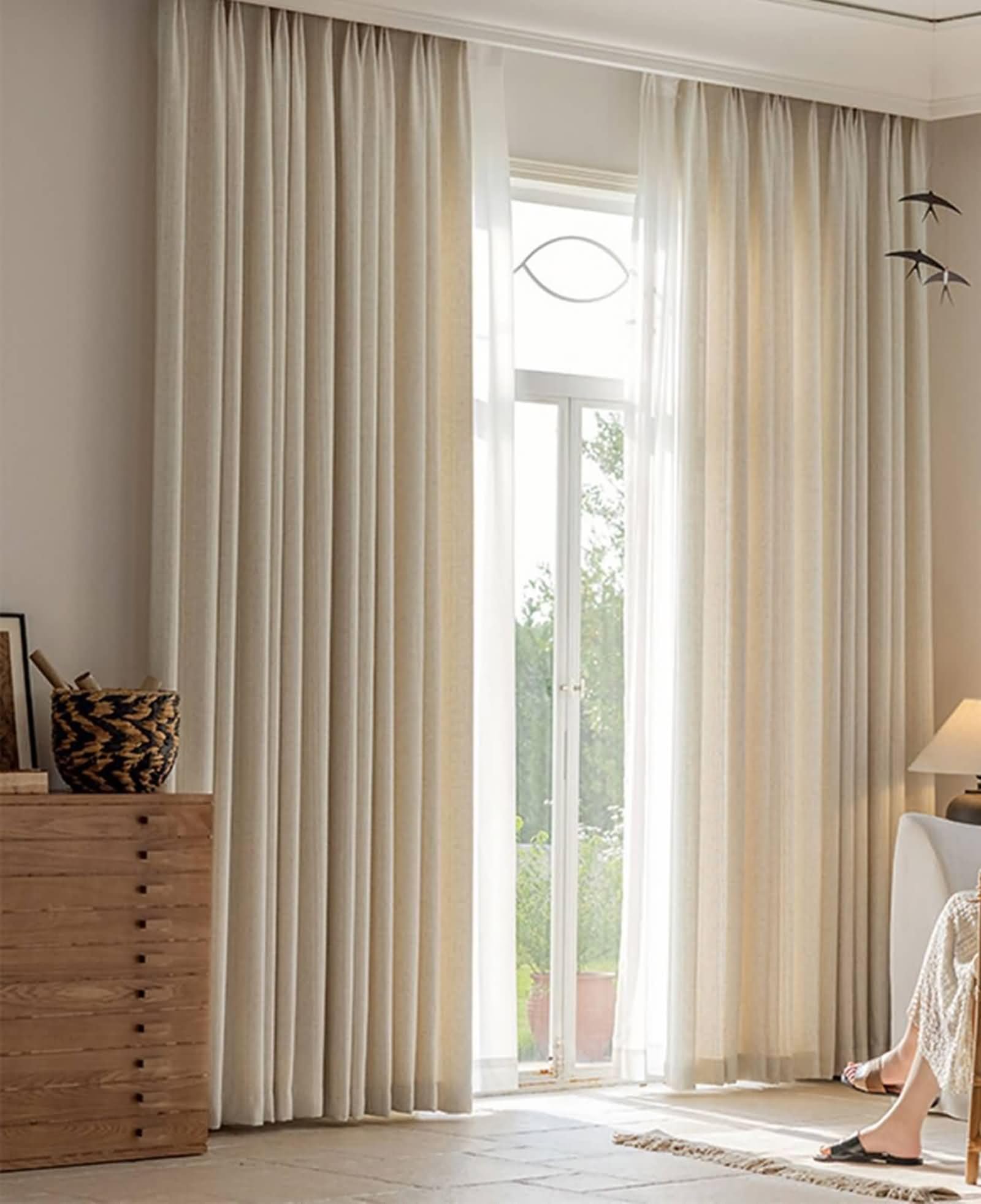 Rideau de salon effet lin tissé à rayures beige avoine haut de gamme à crochets