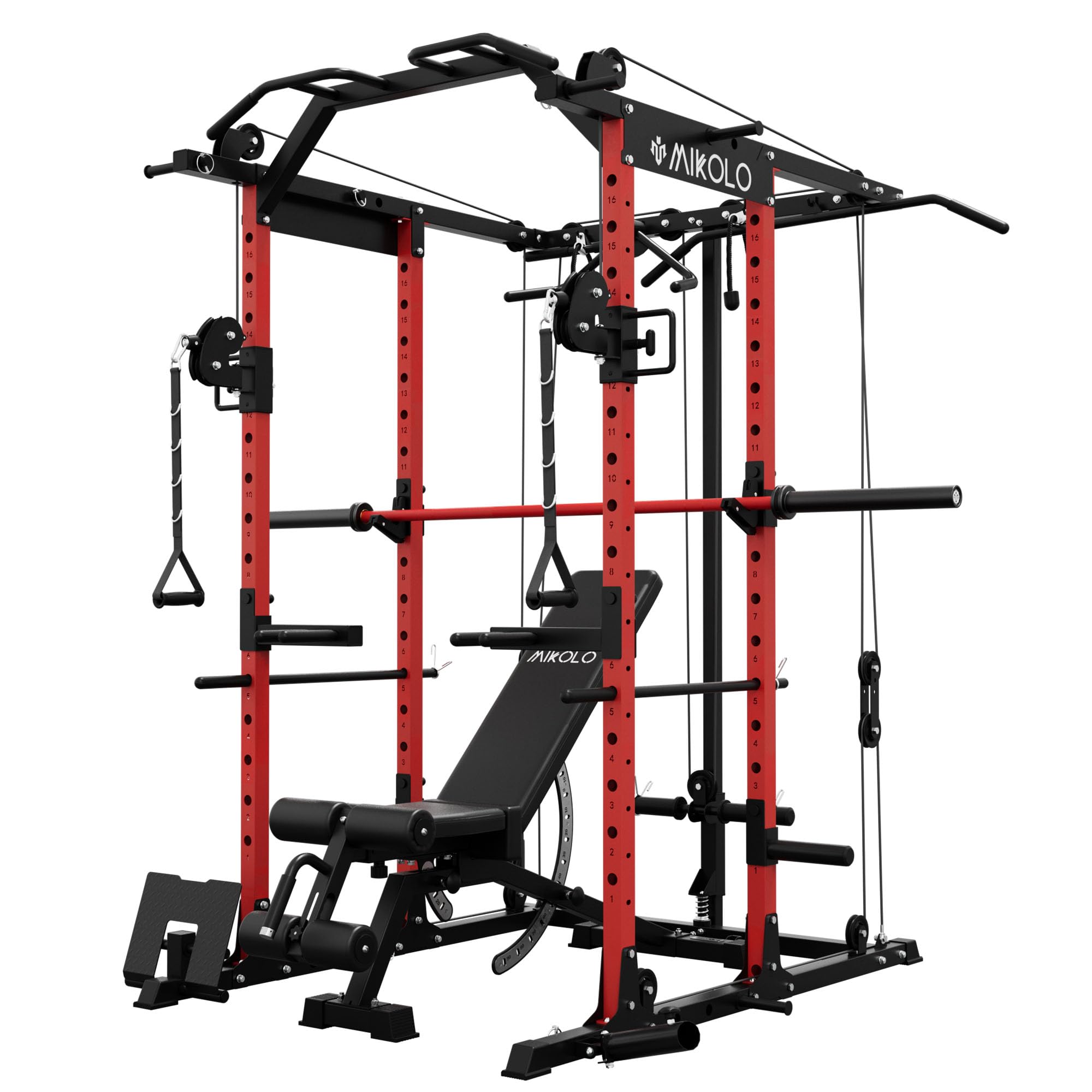 Mikolo Power Cage, Power Rack with Cable Crossover System, 1500LBS Squat Rack with LAT Pull Down System, Workout Cage with Pulley System for Fitness
