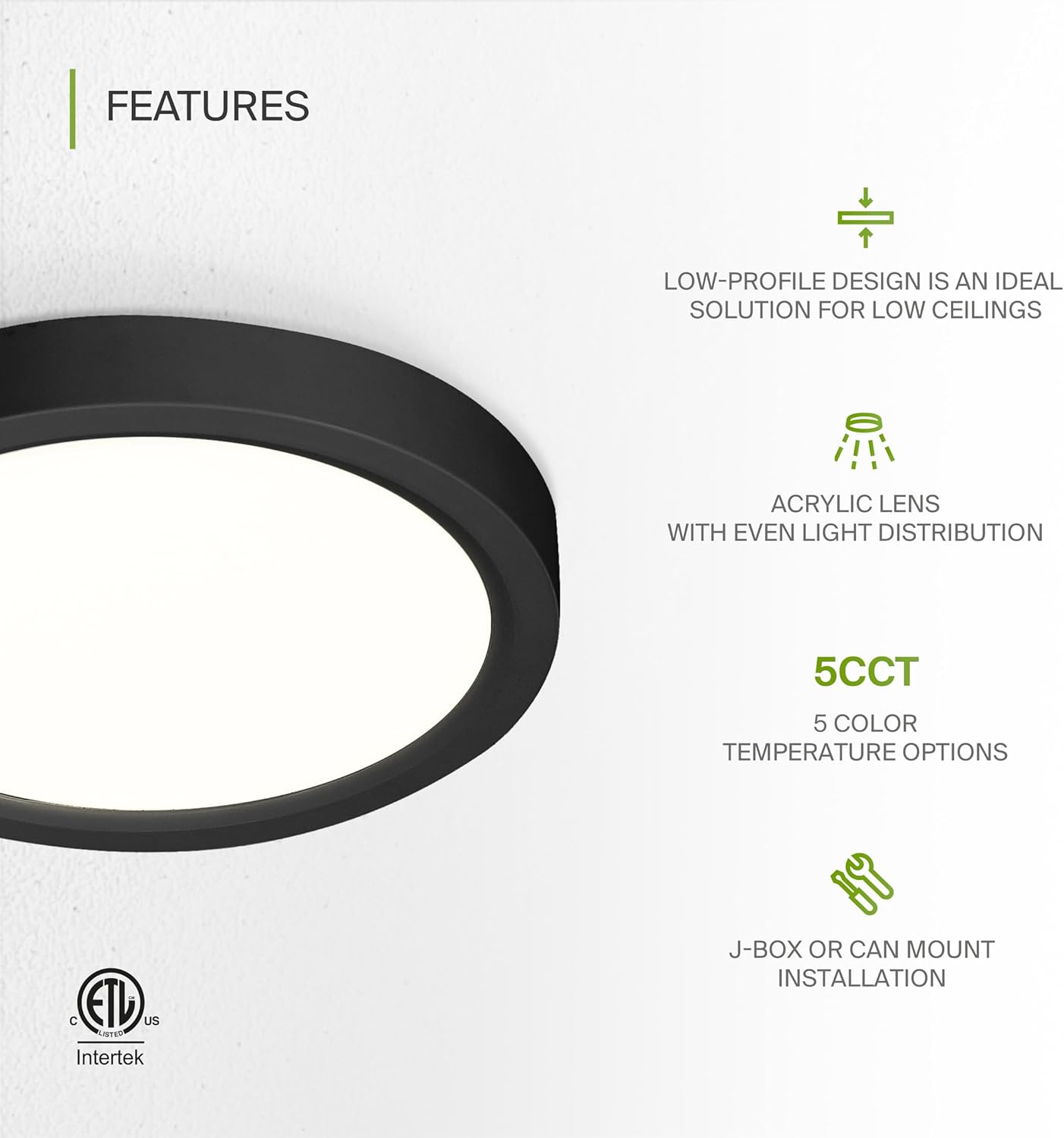 ASD LED 5" Round Flush Mount Ceiling Light Fixture, Low Profile Surface Lighting | 5CCT, Dimmable, Ultra-Thin, ETL Listed | 10W 700LM 2700-6000K 120V | Kitchen, Bedroom, Hallway Lamp | Black, 6 Pack