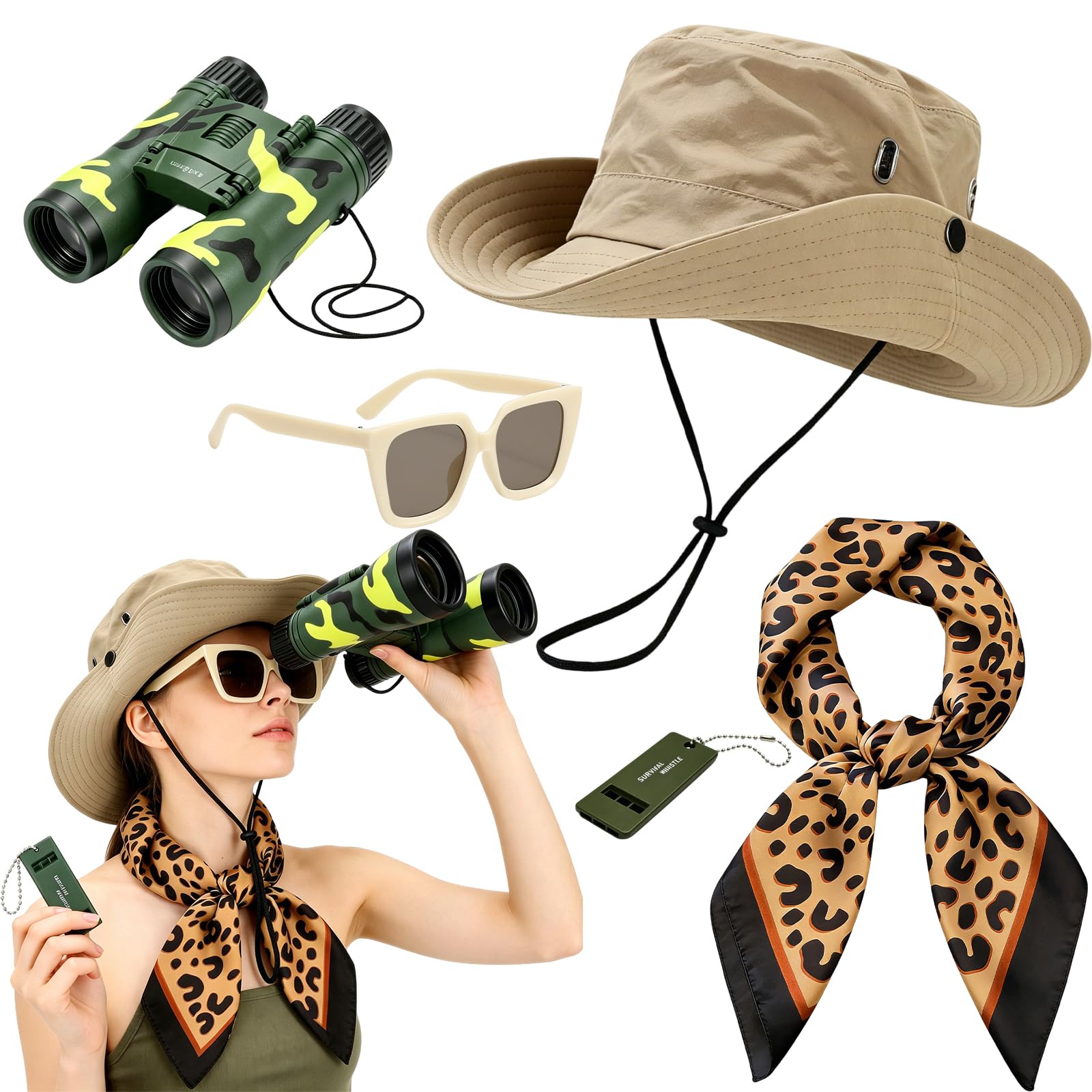 Xerteam Safari Costume Accessories Set, 5 Pcs Zookeeper Costume with Safari Hat Leopard Scarf Whistle Binoculars Sunglasses, Explorer Costume Accessories Women Cosplay Dress Up