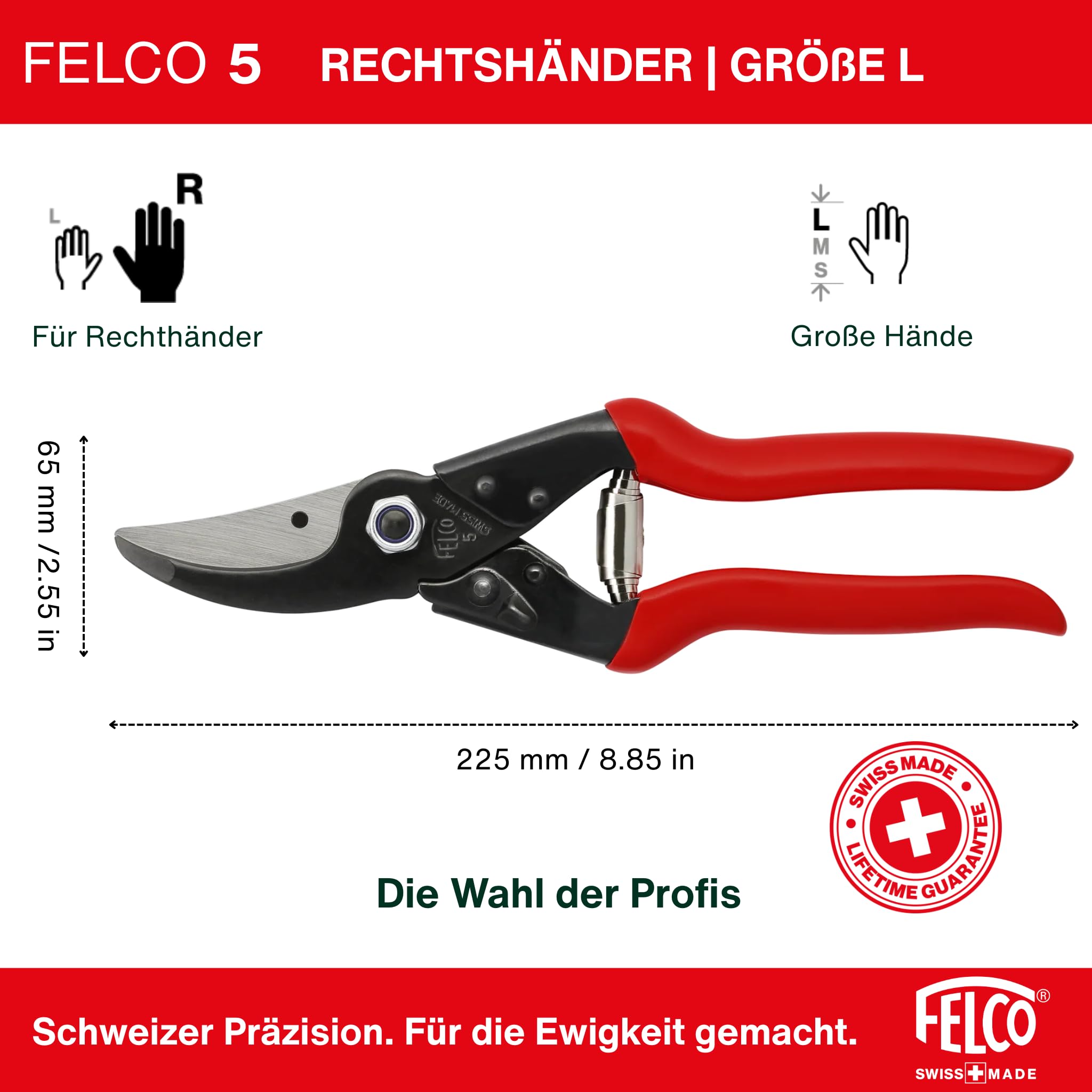 FELCO 5 robuste Gartenschere für große rechte Hände, 25 mm Schnittdurchmesser, 225 mm lang, schlanker Schneidkopf für schwer zugängliche Stellen, Stahlgriffe, sauber und kraftvoll schneiden
