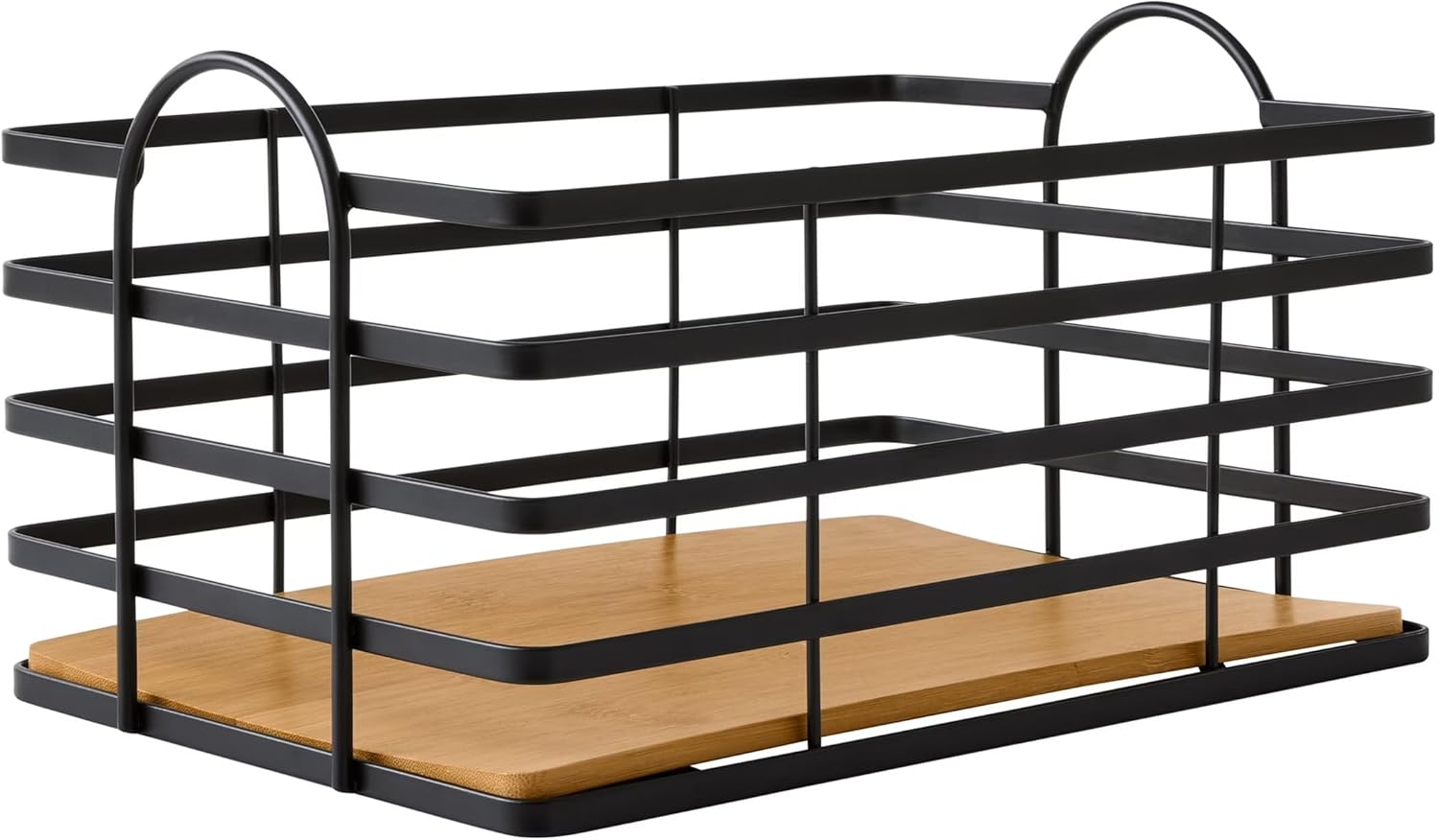Matte Black Wire Storage Basket with Bamboo Bottom