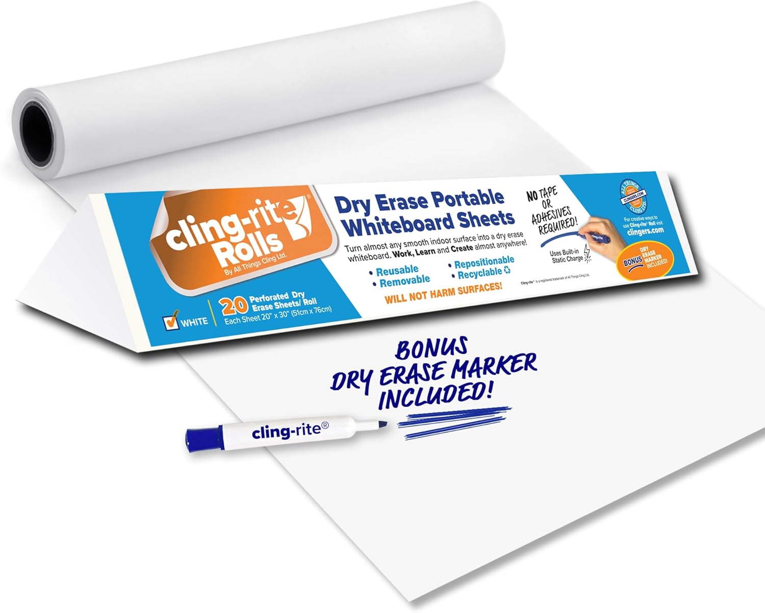 Clingers Dry Erase Cling-rite Roll Basic - Removable, Recyclable Whiteboard, 50' ft Roll, 20x30 Inch Sheets for School, Home, Office Decor, and Art Projects & Dry Erase Marker - American Made 20"W x 30"H