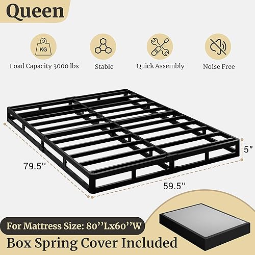 Miniatura 2 de Somier para cama Queen, base de cama solo para somier Queen de perfil bajo de 5 pulgadas, base de colchón con marco de metal resistente con cubierta