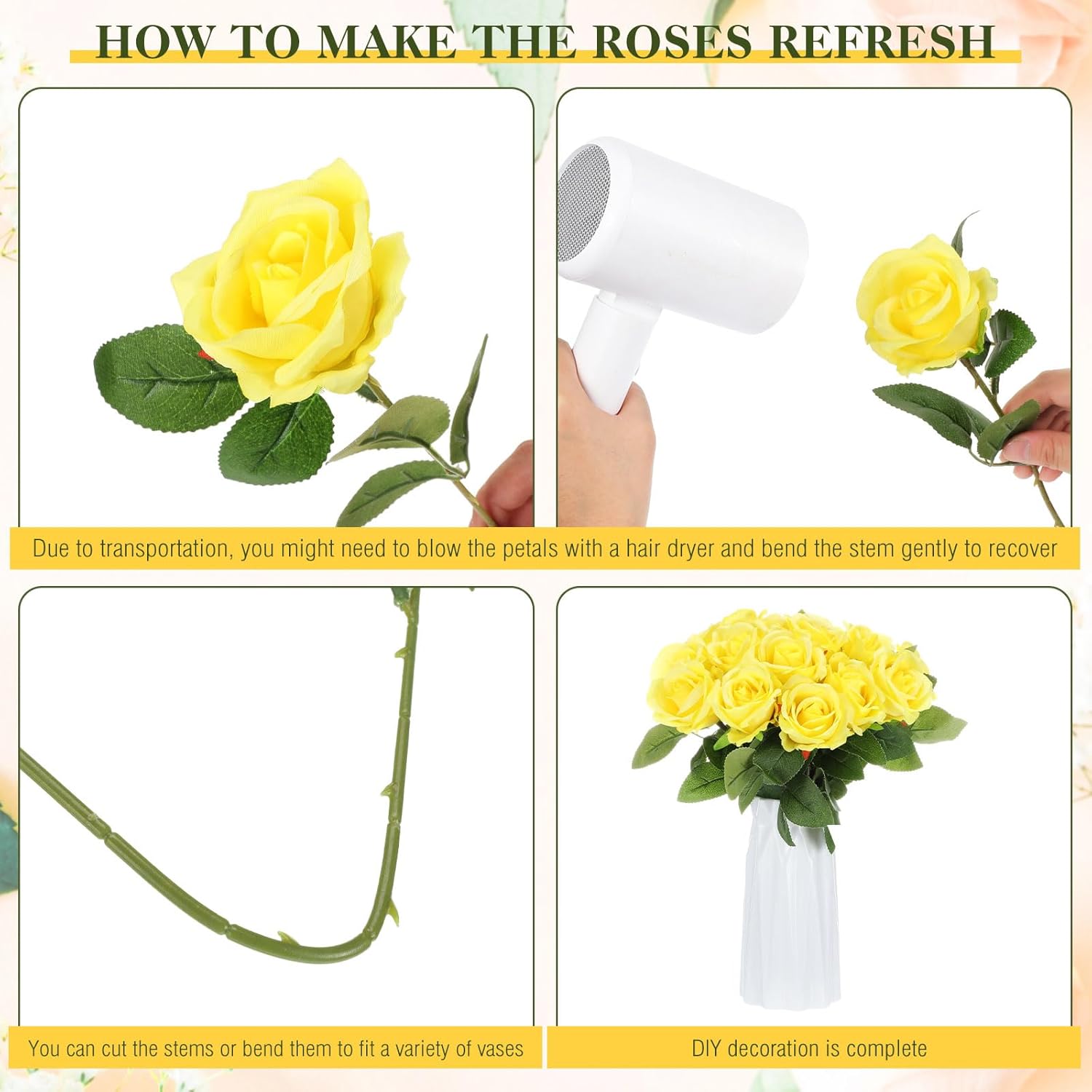 Hotop 20 Pcs Artificial Rose Flowers with Long Stem,Real Touch Silk Realistic Plastic Bouquet Roses Bulk for Home Decor Bridal Wedding Party Table Centerpieces Decorations(Yellow) - Image 3