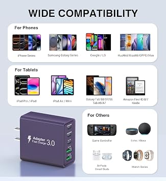 [2Pack] 60W USB C Plug,5-Port Fast Charger Block PD+QC Cube Wall Charging Box Brick for iPhone 17/16/15/14/13 for Samsung Galaxy S25/S24/S23/S22/S21+/S21 Ultra, Magsafe Wireless Charger,(Purple)