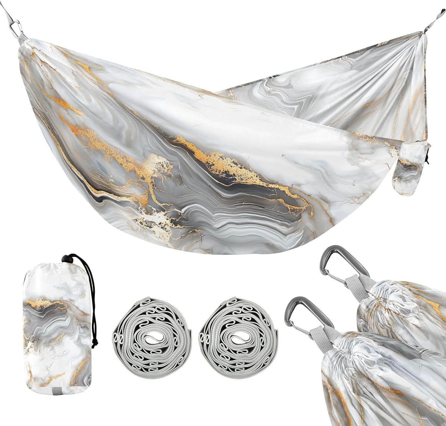 ALAZA White & Gold Marble Camping Hammocks Single or 2 Person 500 lbs Portable Parachute Travel Hammock w/Tree Straps for Hiking Backpacking Indoor Outdoor