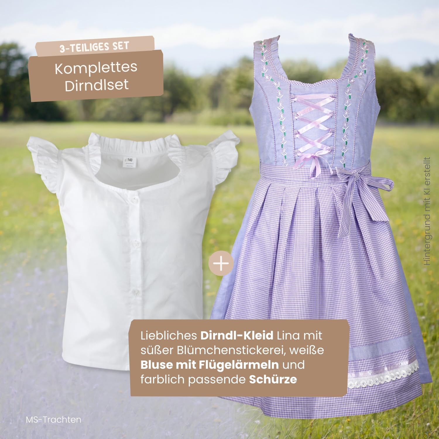 Dirndl Lina per bambini – Dirndl viola blu con camicetta e grembiule, 3 pezzi, abito tradizionale per bambine