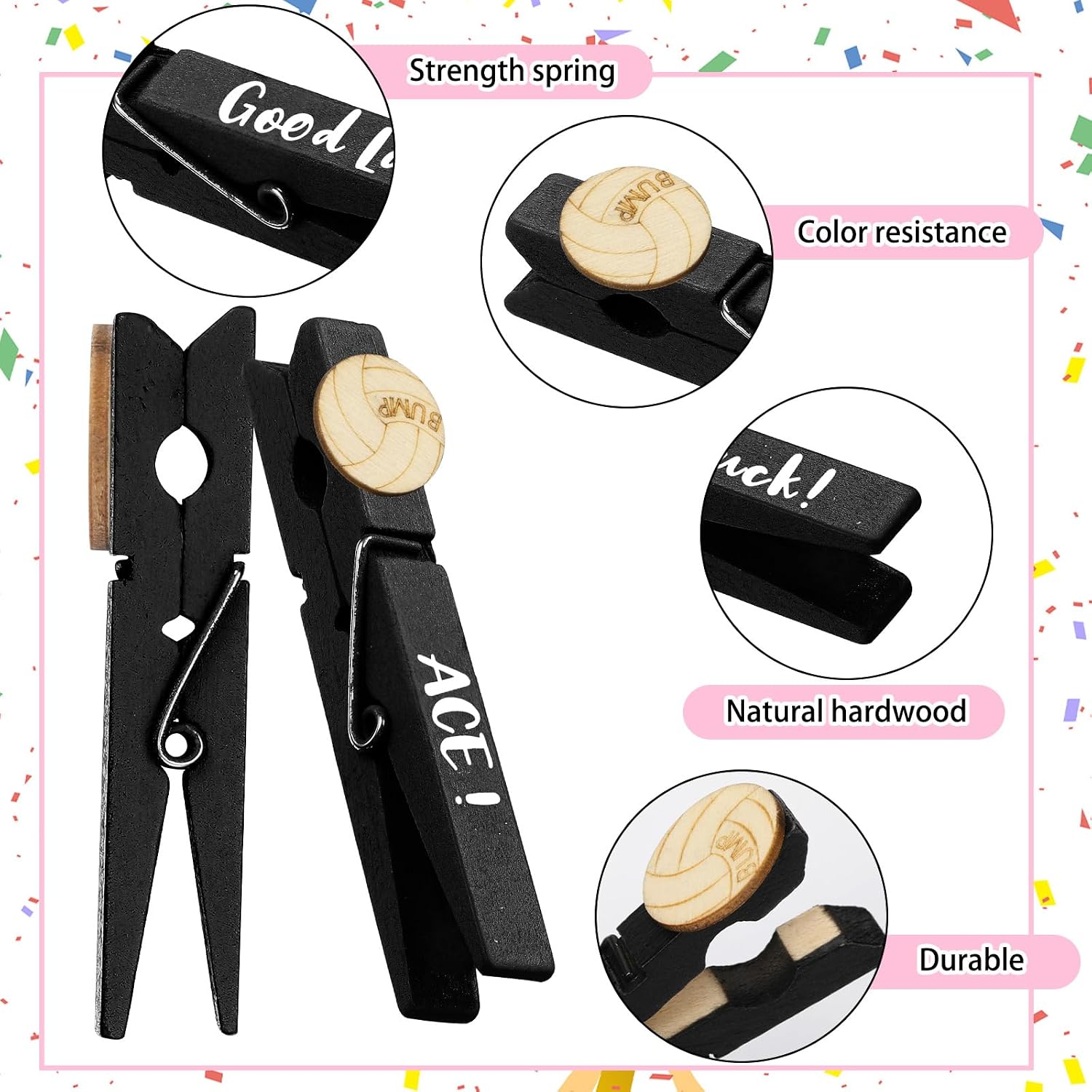 Kigeli 30 Pcs Volleyball Spirit Clips Cheer Pins Cheerleader Gifts Clothes Pins for Team Cheer Gifts Stuff Party Favors Supplies Accessories Bulk for Backpacks Competition Glitter, Black