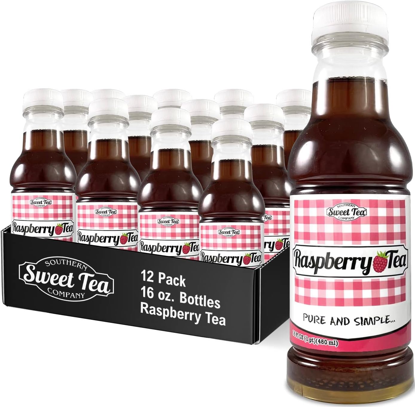 SOUTHERN SWEET TEA COMPANY PURE AND SIMPLE... PURIFIED WATER, PURE CANE SUGAR, CUSTOM BLENDED TEAS. Iced Raspberry Real Brewed, Caffeinated All Natural Drinks, No Artificial Flavors 16 Oz (12 Pack) by