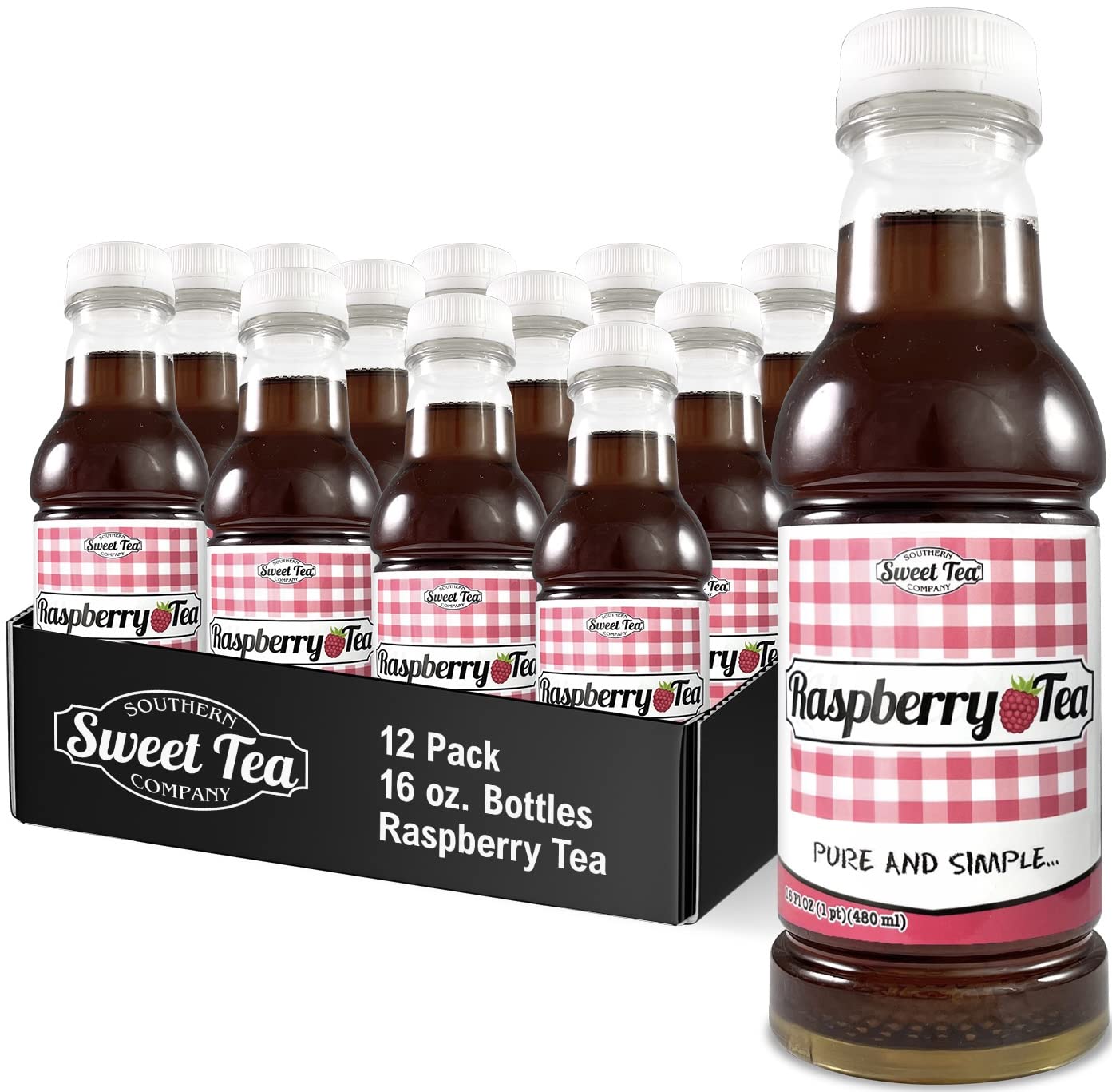 SOUTHERN SWEET TEA COMPANY PURE AND SIMPLE... PURIFIED WATER, PURE CANE SUGAR, CUSTOM BLENDED TEAS. Iced Raspberry Real Brewed, Caffeinated All Natural Drinks, No Artificial Flavors 16 Oz (12 Pack) by