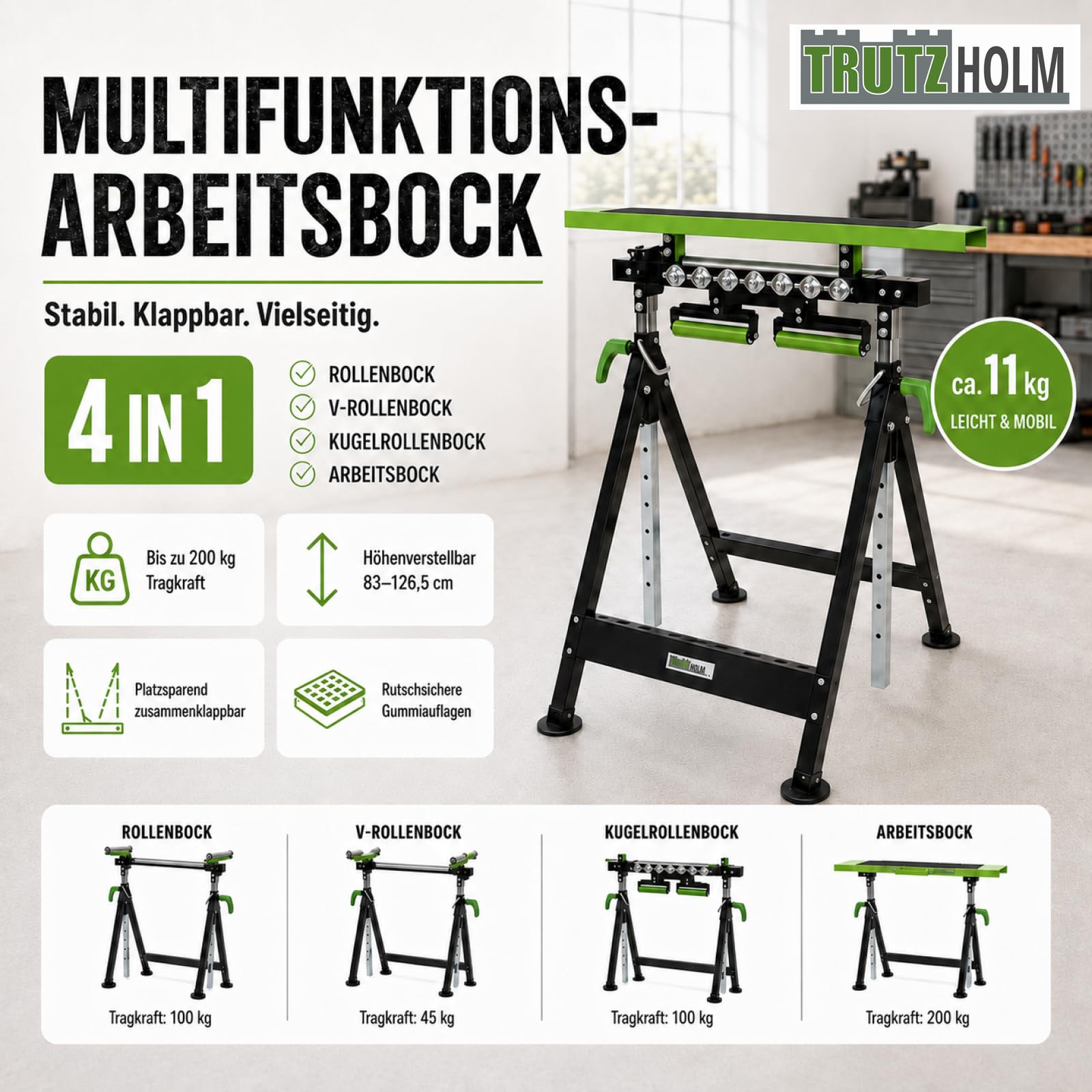 TRUTZHOLM 2x Multifunktions-Arbeitsbock Rollenbock höhenverstellbar Klappbock V-Rollen klappbar 200 kg Werktisch 4in1 platzsparend