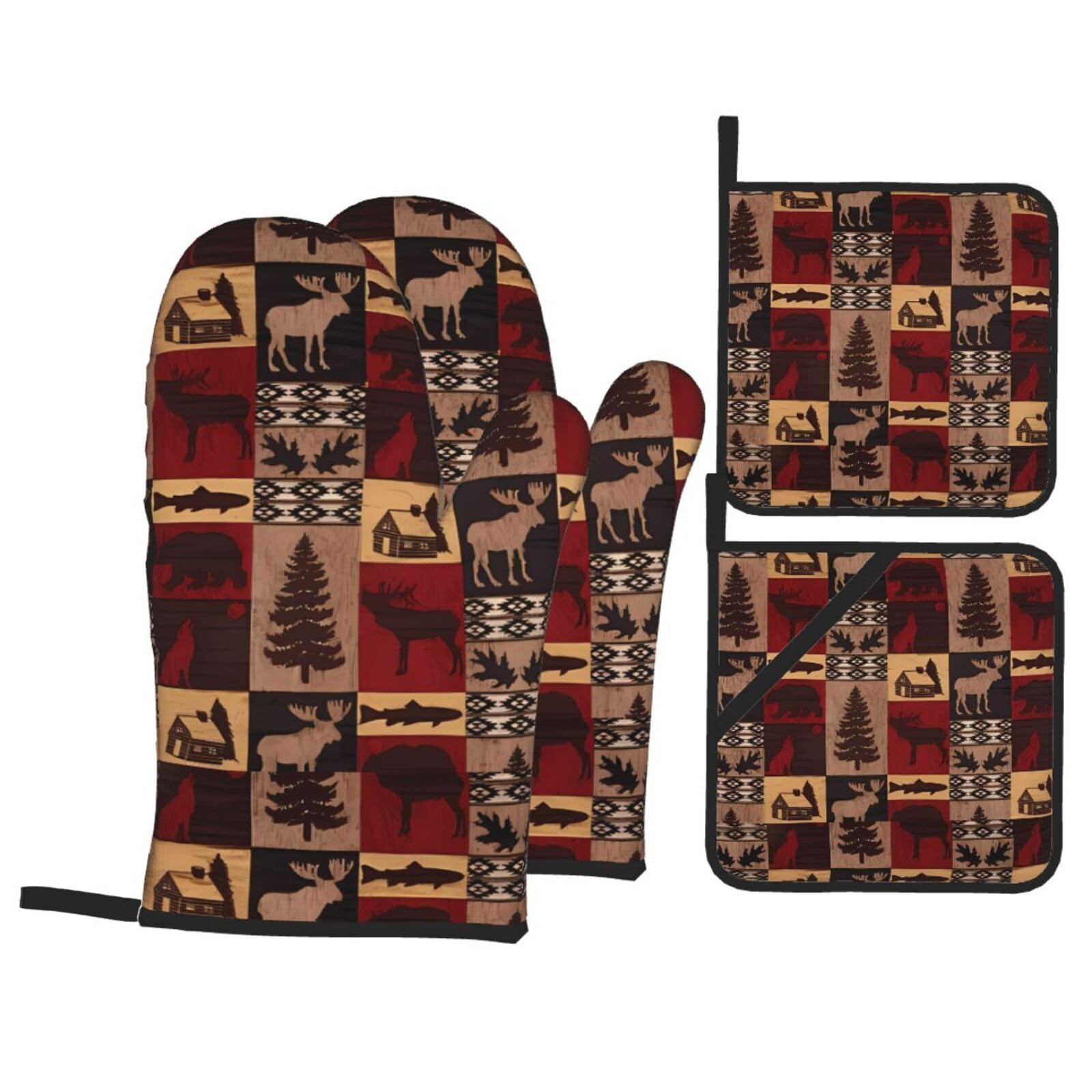 WHJSHOP Lodge Bear Deer Fish Prints Kitchen Layers: Waterproof Oven Covers for Safe Handling & Easy Cleanup – 4 Piece Heat Protection Bundle