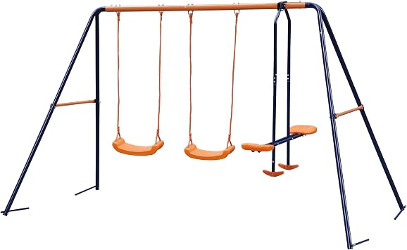 Metal Frame Sturdy Durable Swing Set with 2 Swing Seats and 1 Seesaw Kindergarten Outdoor Backyard Playground for Kids Children, Girls, Boys