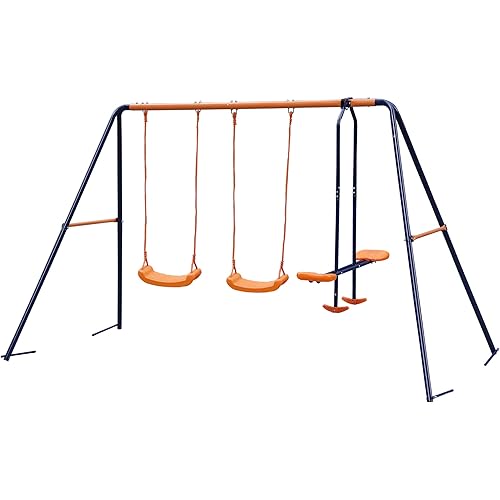 Metal Frame Sturdy Durable Swing Set with 2 Swing Seats and 1 Seesaw Kindergarten Outdoor Backyard Playground for Kids Children, Girls, Boys