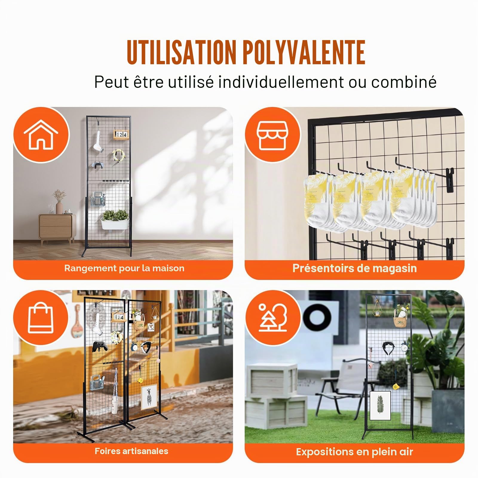 VEVOR Grille d’Exposition sur Pied 2 PCs Panneau Grille en Acier 617x1716 mm Charge 27 kg Présentoir Grillage sur Pied Accessoires Complets Installation Facile pour Affichage Présentation Photo Mémo