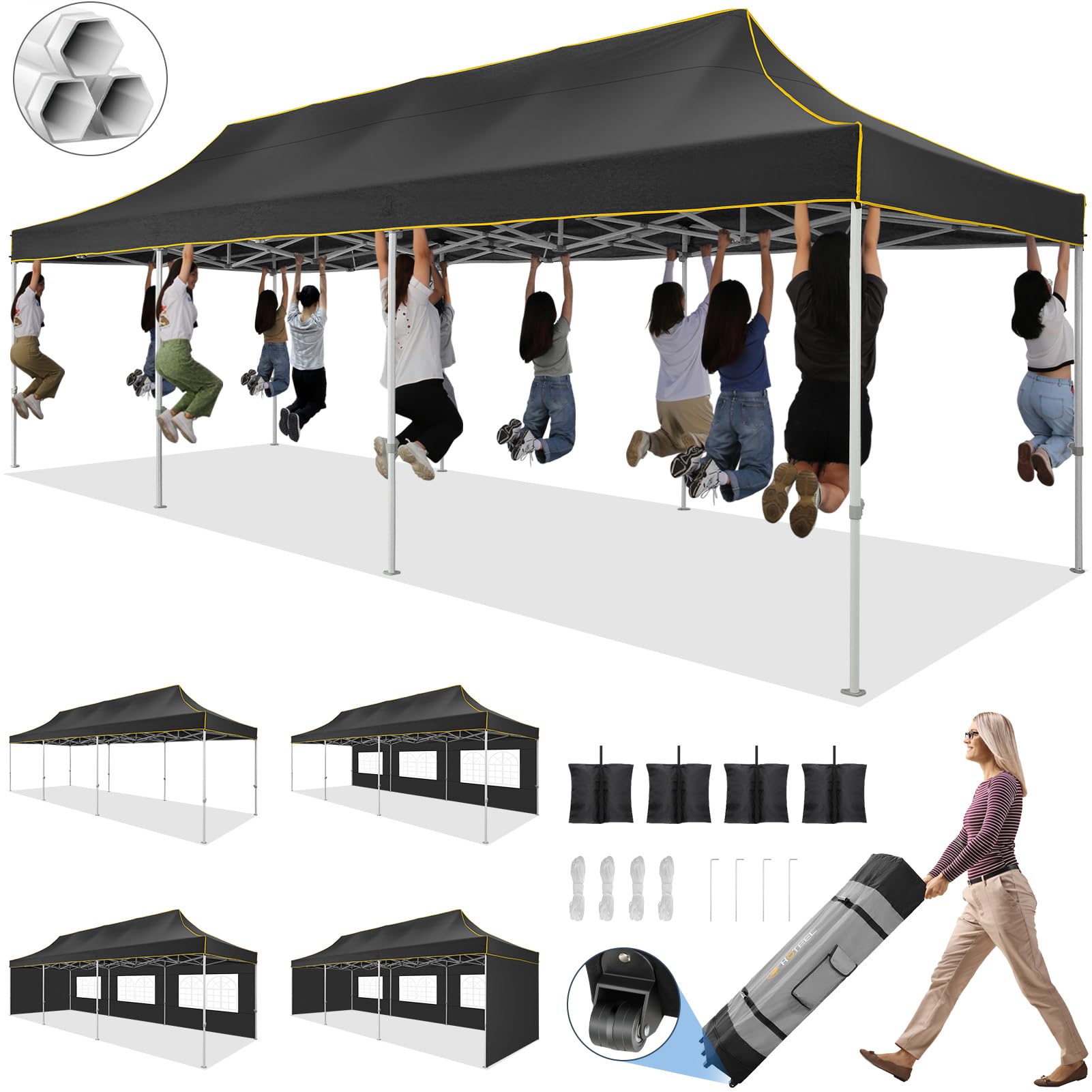 HOTEEL 10x30 Pop up Canopy Tent for Parties, Heavy Duty Easy Setup Tent with 5 Sidewalls, Outdoor Commercial Instant Gazebo for Wedding Event, with Roller Bag & Sand Bags, Black(Hexagonal Frame)