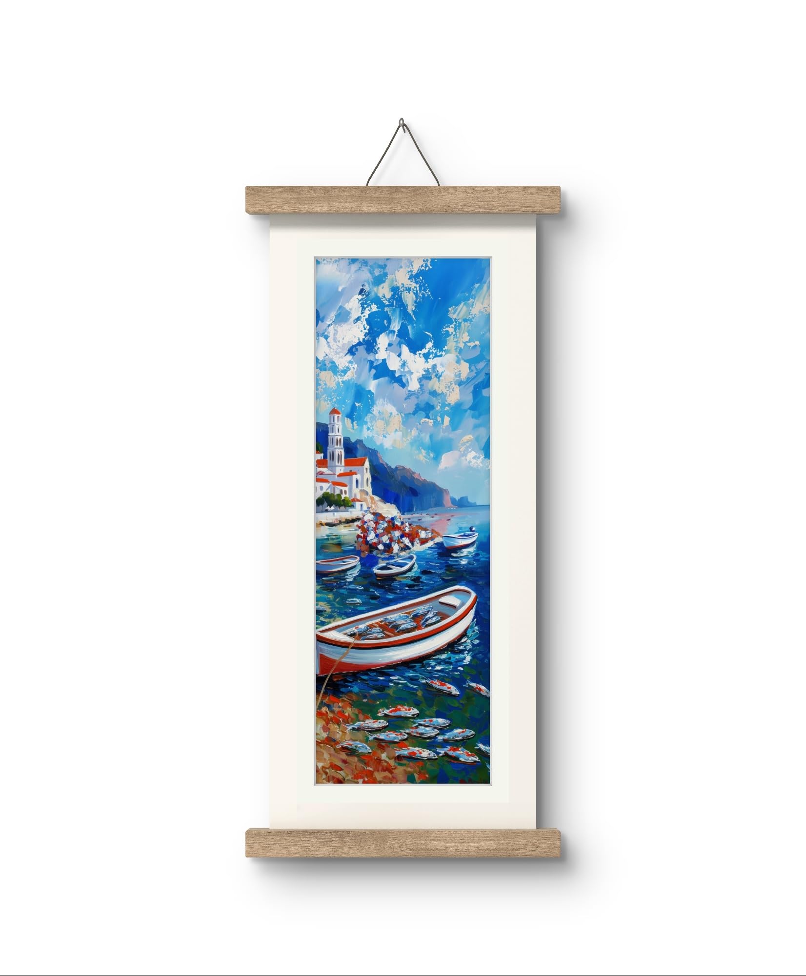 Mediterranean Coastal Boat Scene – 29x60cm Tall Canvas Wall Art with Magnetic Poster Frame – Serene Seascape for Home & Office Decor
