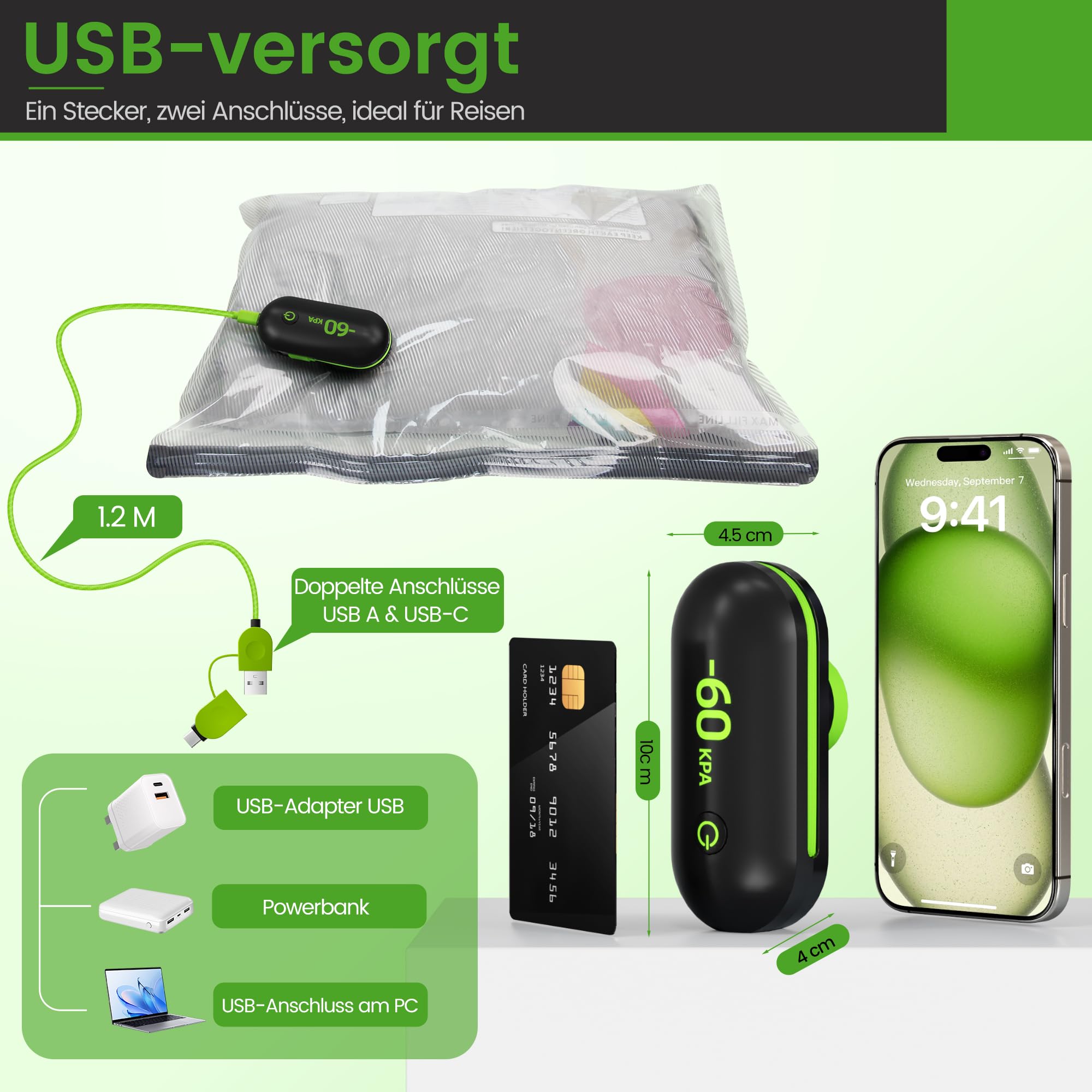 Zestaw 9-częściowy worków próżniowych z elektryczną pompą USB | 3 rozmiary (40 x 40 cm, 40 x 50 cm, 40 x 60 cm) oszczędzają miejsce na ubrania, podróż, pościel i przeprowadzkę, hermetyczne torby do
