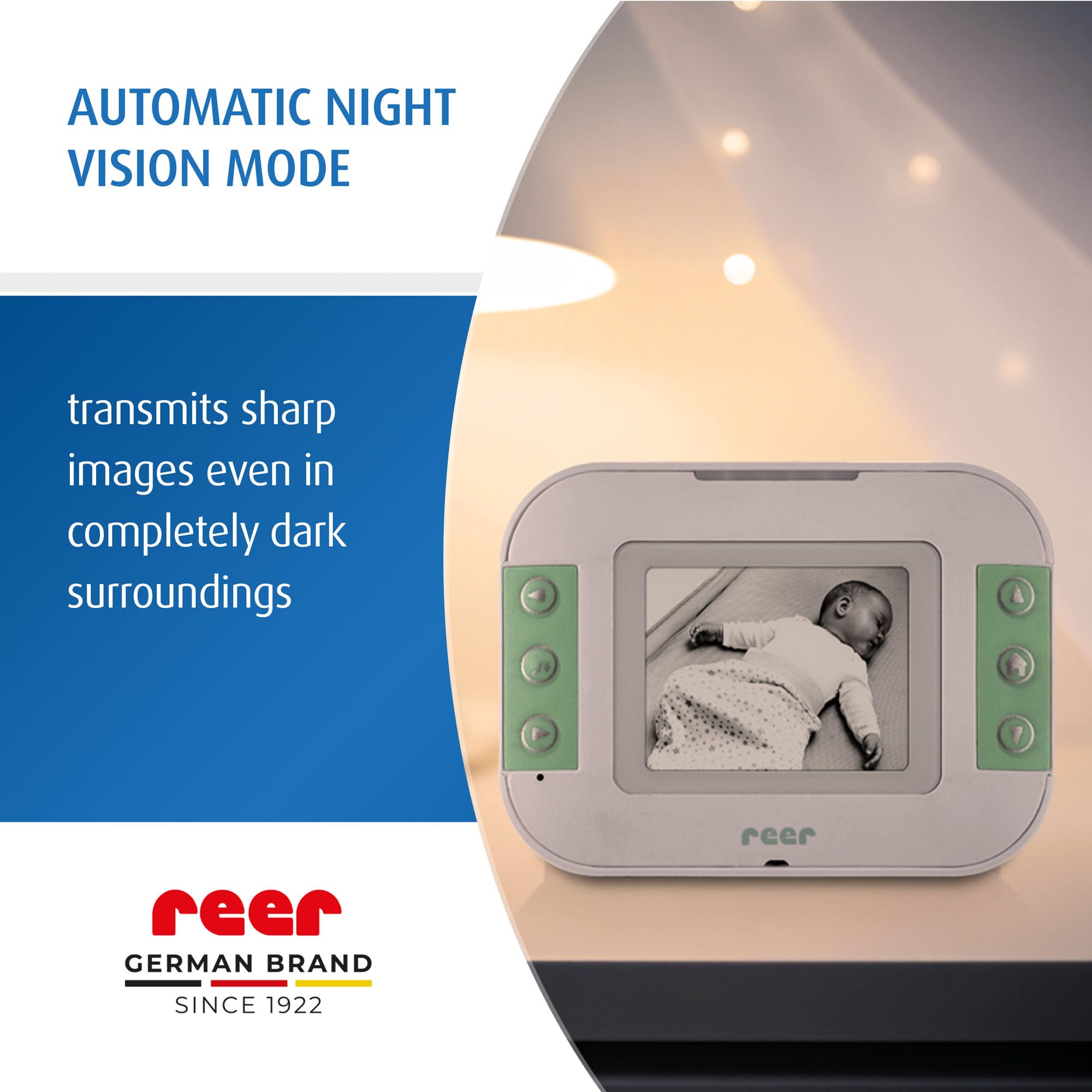 reer BabyCam S - Babycam S - Babyphone vidéo numérique - Technologie FHSS Anti-écoute - Portée de 300 m - Vision Nocturne - Fonction interphone - Berceuses intégrées