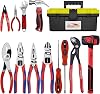 12-Piece Professional Tool Kit - Heavy Duty CRV Pliers Set, Rubber Mallet, Adjustable Wrench, Claw Hammer & Toolbox for Electrical, Household Repair, Automotive, Industries