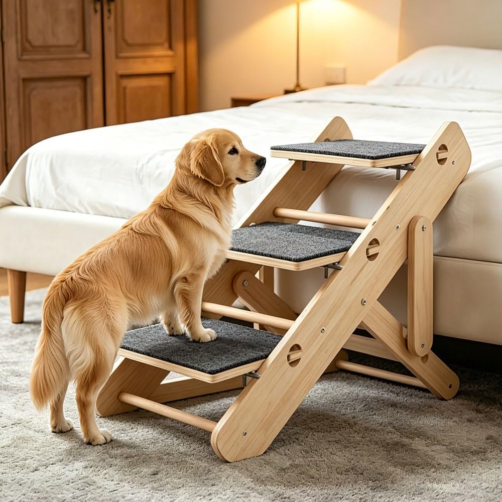 Dog Steps&Ramp for Bed, 2-in-1 Foldable Pet Ramp for High Bed, Dog Stairs for Small, Large, Old Dogs & Cats, Wooden Anti-Slip Pet Steps, Stable & Sturdy Can Supports Pet Up to 60kg(3-step) — image 1
