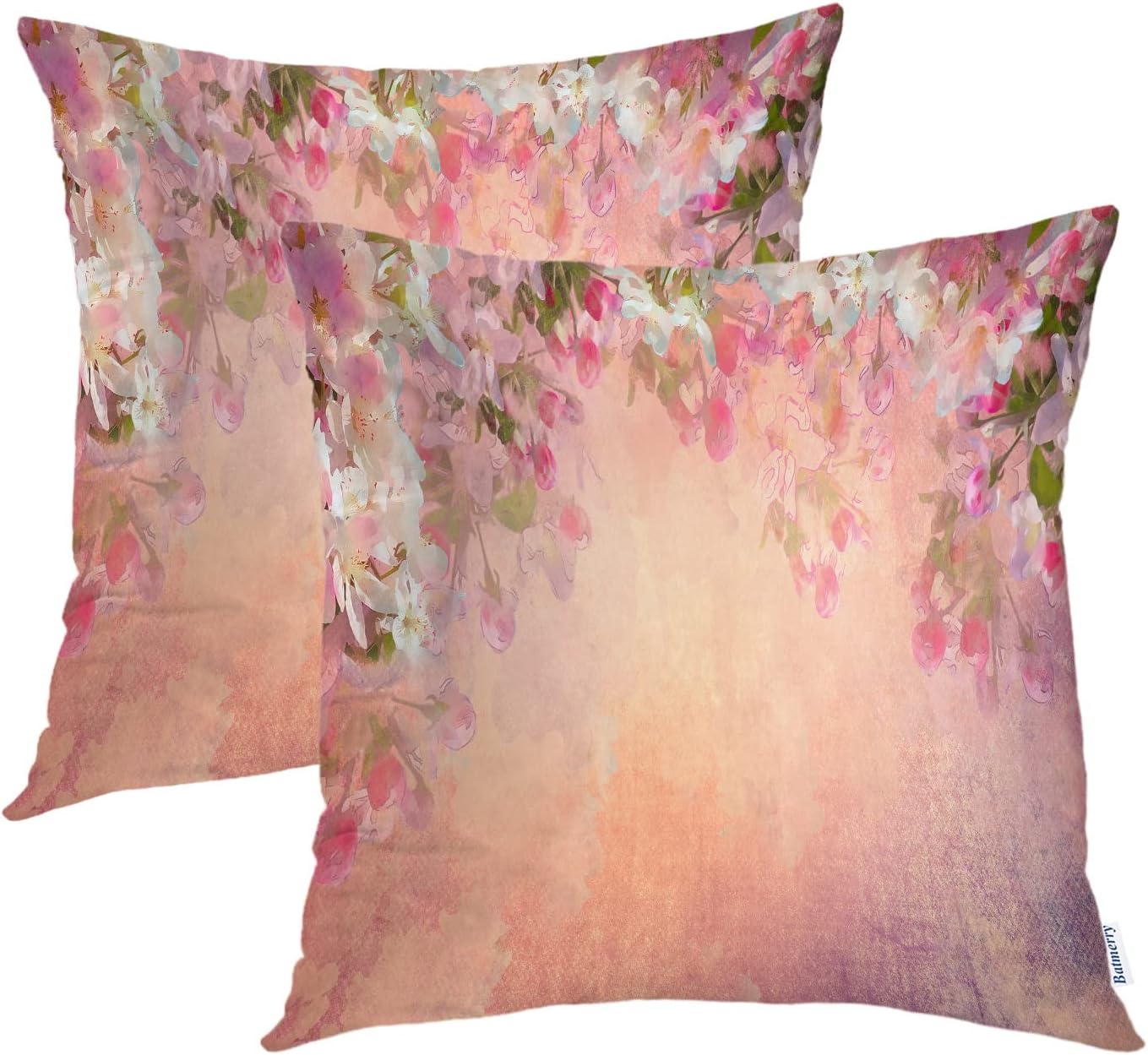 Cherry Blossom Throw Pillow Covers 18x18 Set Of 2 - Watercolor Floral Square Pillowcases