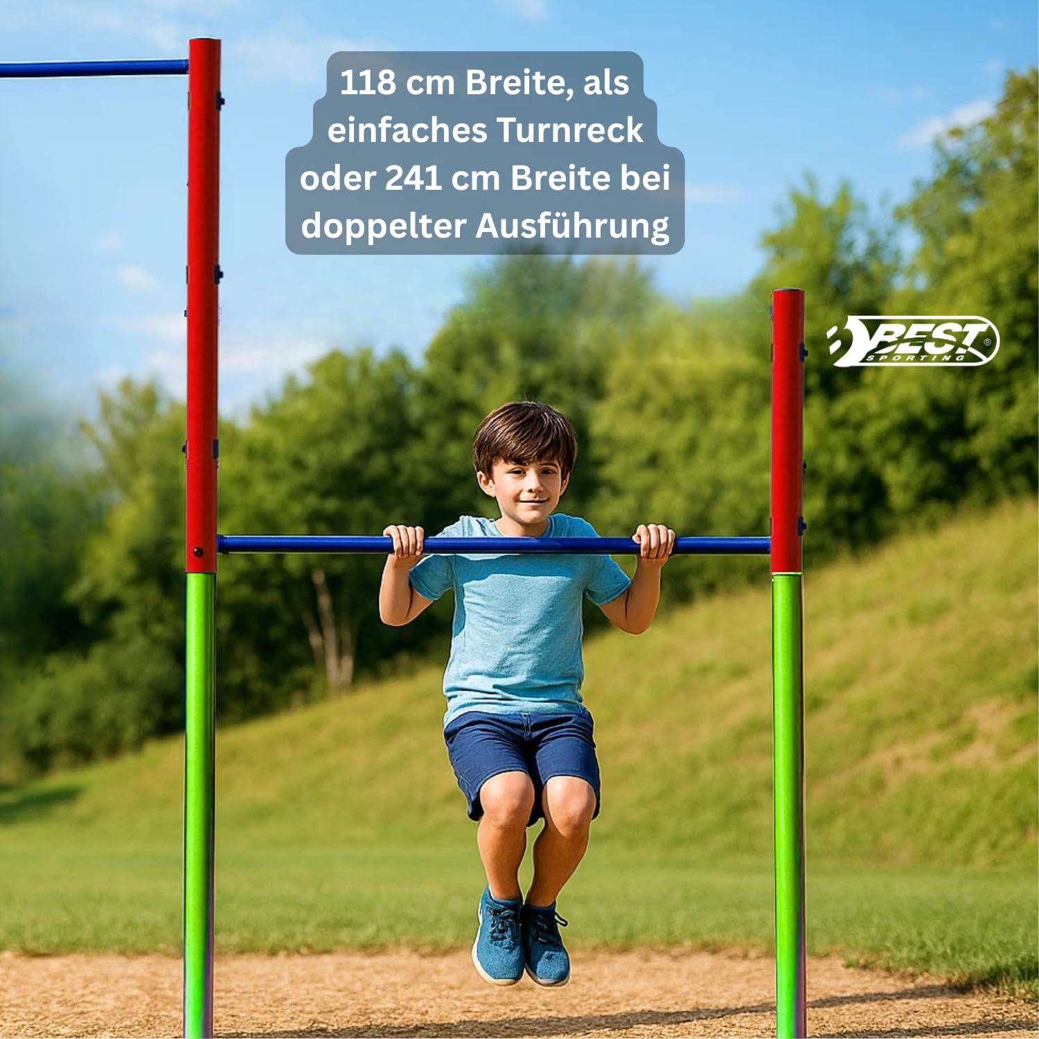 Best Sporting Turnreck Garten I Reckstange Garten Kinder und Erwachsene I Höhenverstellbare Kletterstange Outdoor in Grün-Rot-Blau I Turngeräte für Kinder für Spaß im Garten I Doppel - 241cm