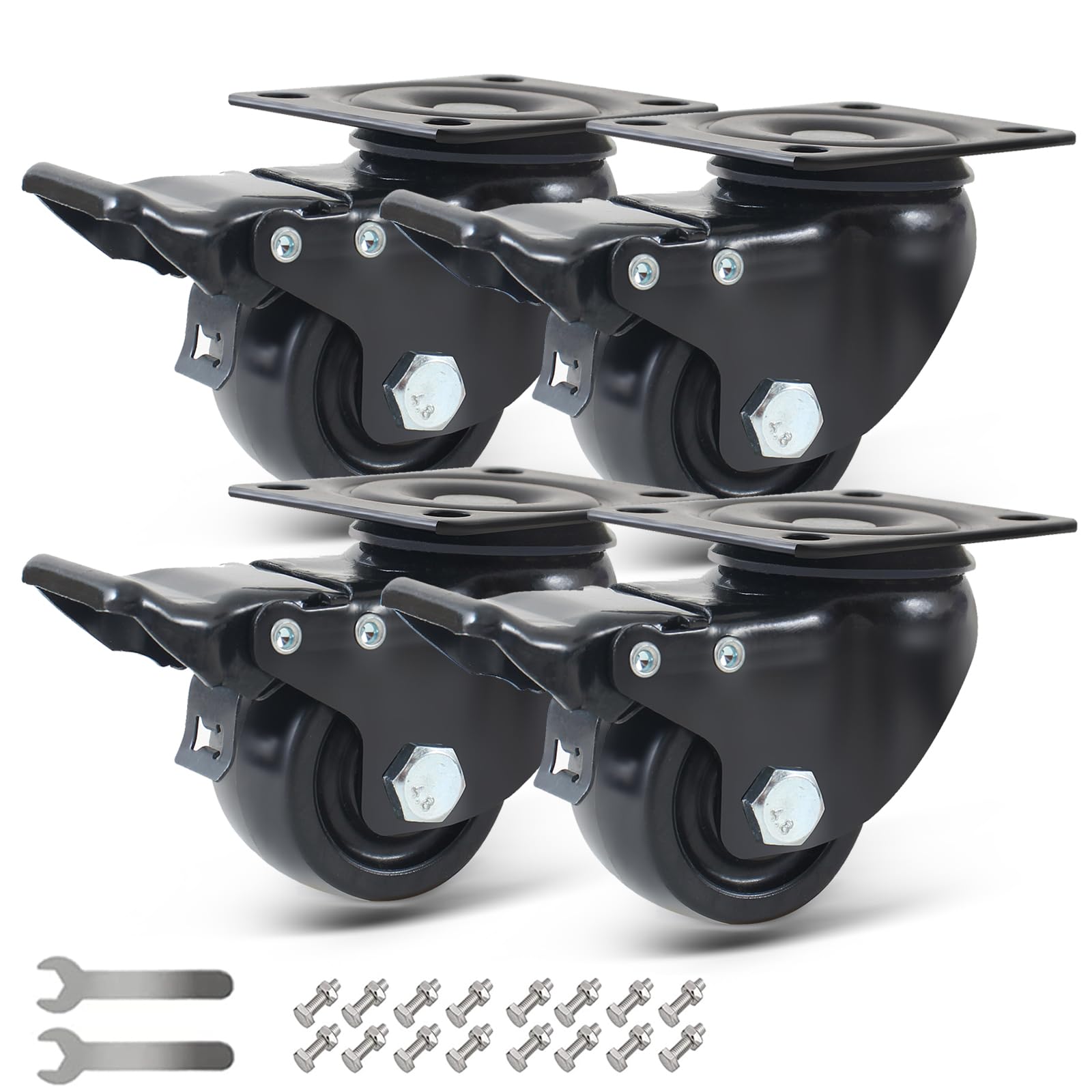 RRIUTO Heavy Duty Castors up to 1000 kg, 50 mm Swivel Castors, Low Centre of Gravity Black Transport Castors Furniture Castors with Brake, 360° Rotation, Nylon Wheels for Furniture, Indoor and Outdoor