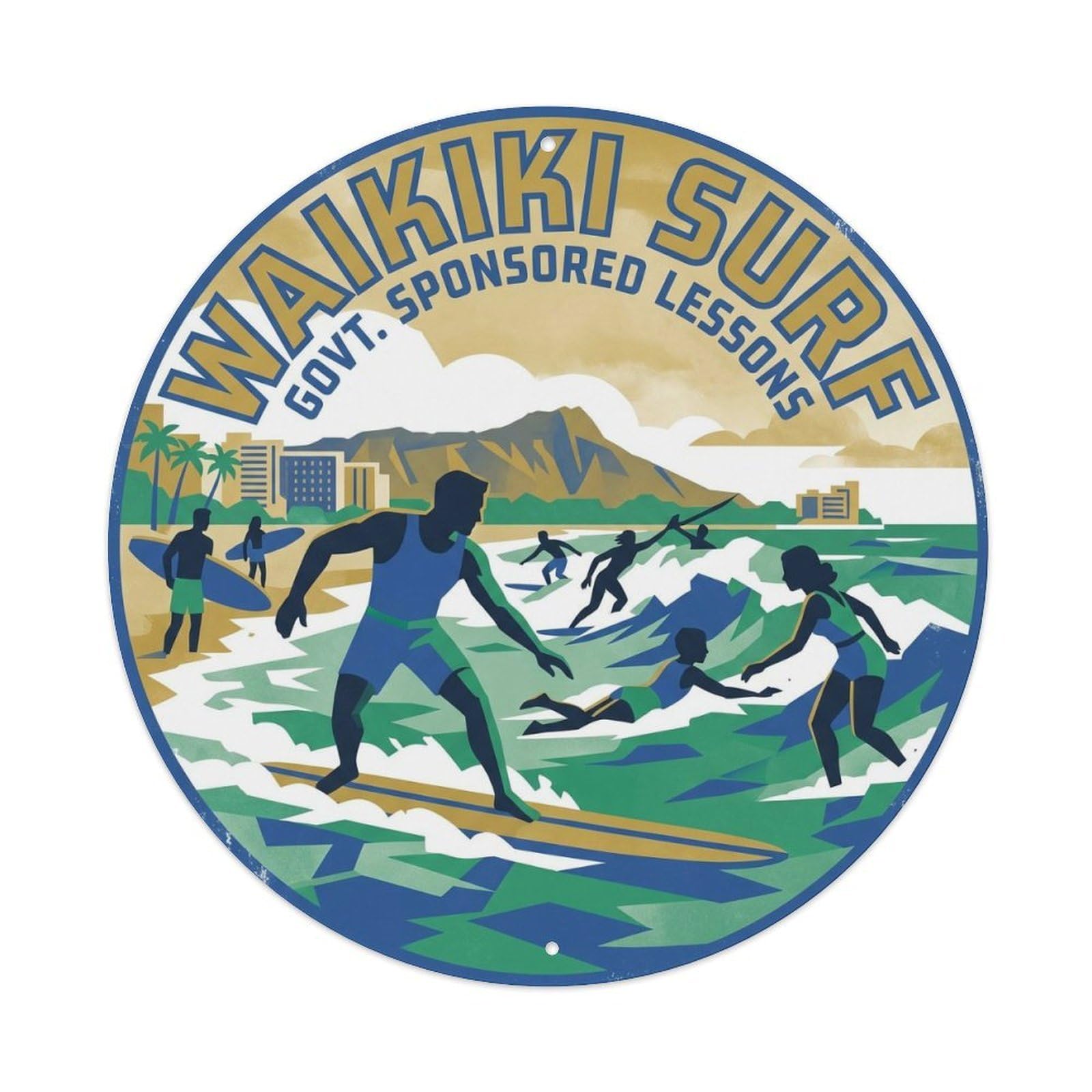 Waikiki Surf Lesson Hawaii Beach Destination Tropical Metal Tin Sign