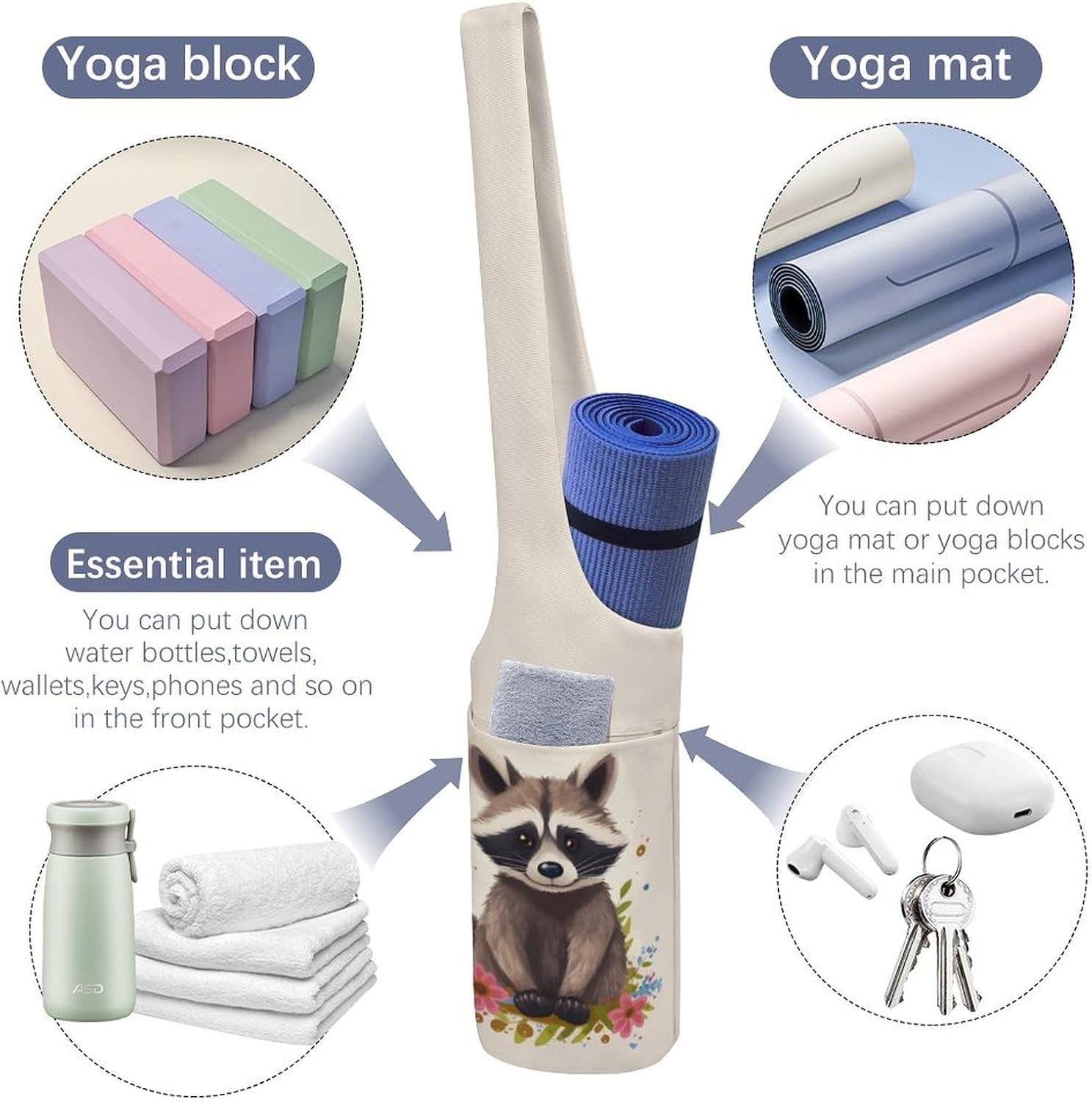 Yoga Mat Carrying Bag,Raccoon Printed Women's Yoga Bag with Multi-Functional Storage Pockets,Large Yoga Mat Bag Fits Most Size Yoga Mats