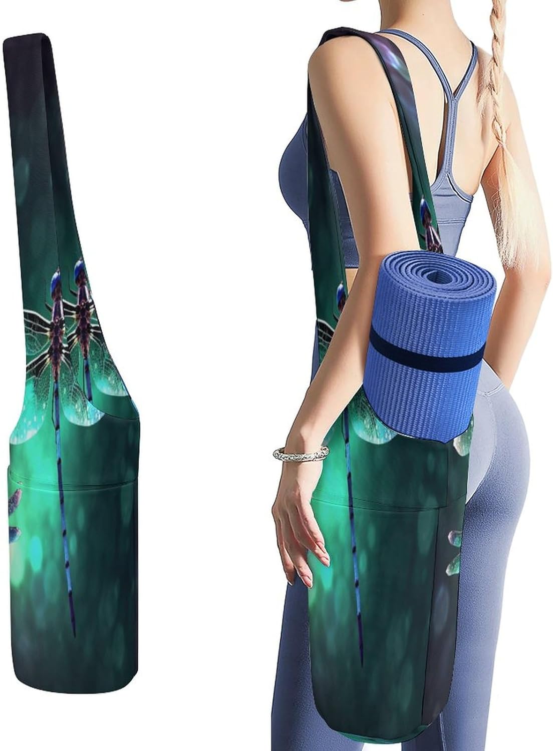 Galaxy Animal Dragonfly Yoga Mat Bag Canvas Long Tote Yoga Mat with Water Bottle Pockets Large Travel Gym Bag Multi-Functional Fitness Storage Bag Carrier Holder Bag