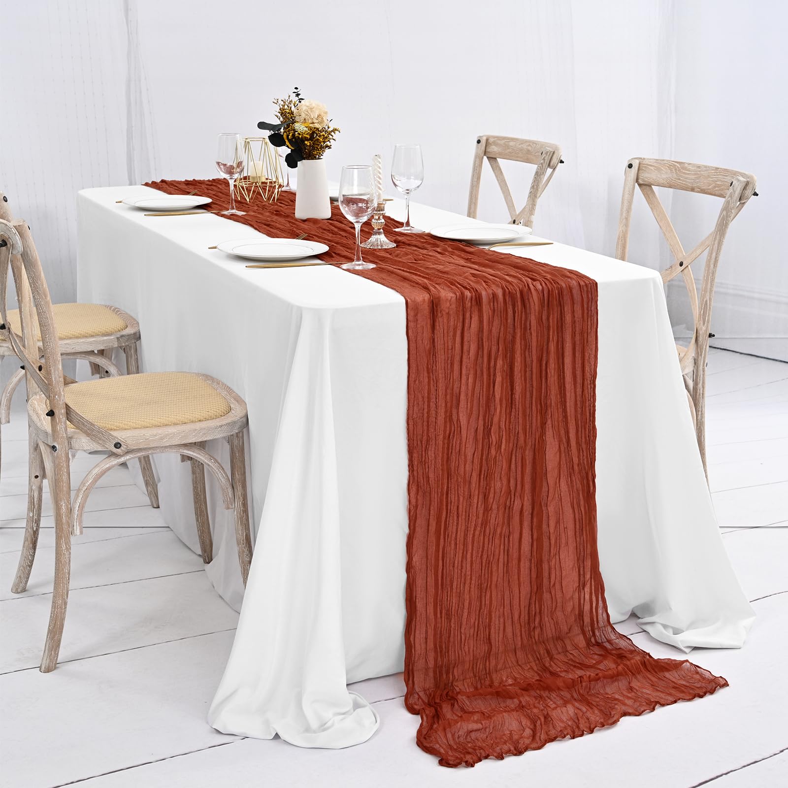 Terrakotta-Käsetuch-Tischläufer, 3 m, Gaze-Tischläufer für Hochzeitsempfang, durchsichtig, Brautparty, Geburtstag, Party, Boho-Tischdekoration, rustikal, romantisch, Hochzeitsläufer, 24 Stück