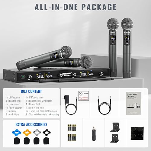 Miniatura 7 de Phenyx Pro Wireless Microphone System, Metal Wireless Mic Set with 4 Cordless Mics, 4x25 UHF Adjustable Frequencies, 200ft Range, Dynamic