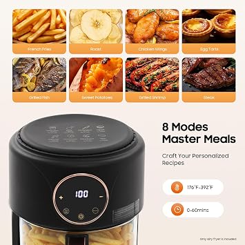 4.44 Quart Air Fryer, Borosilicate Glass Basket - Nonstick & Dishwasher Safe, 360 View, Adjustable Temperature, Touch Panel Control, 0-60min Timer 1200W for Home Kitchens (Black)