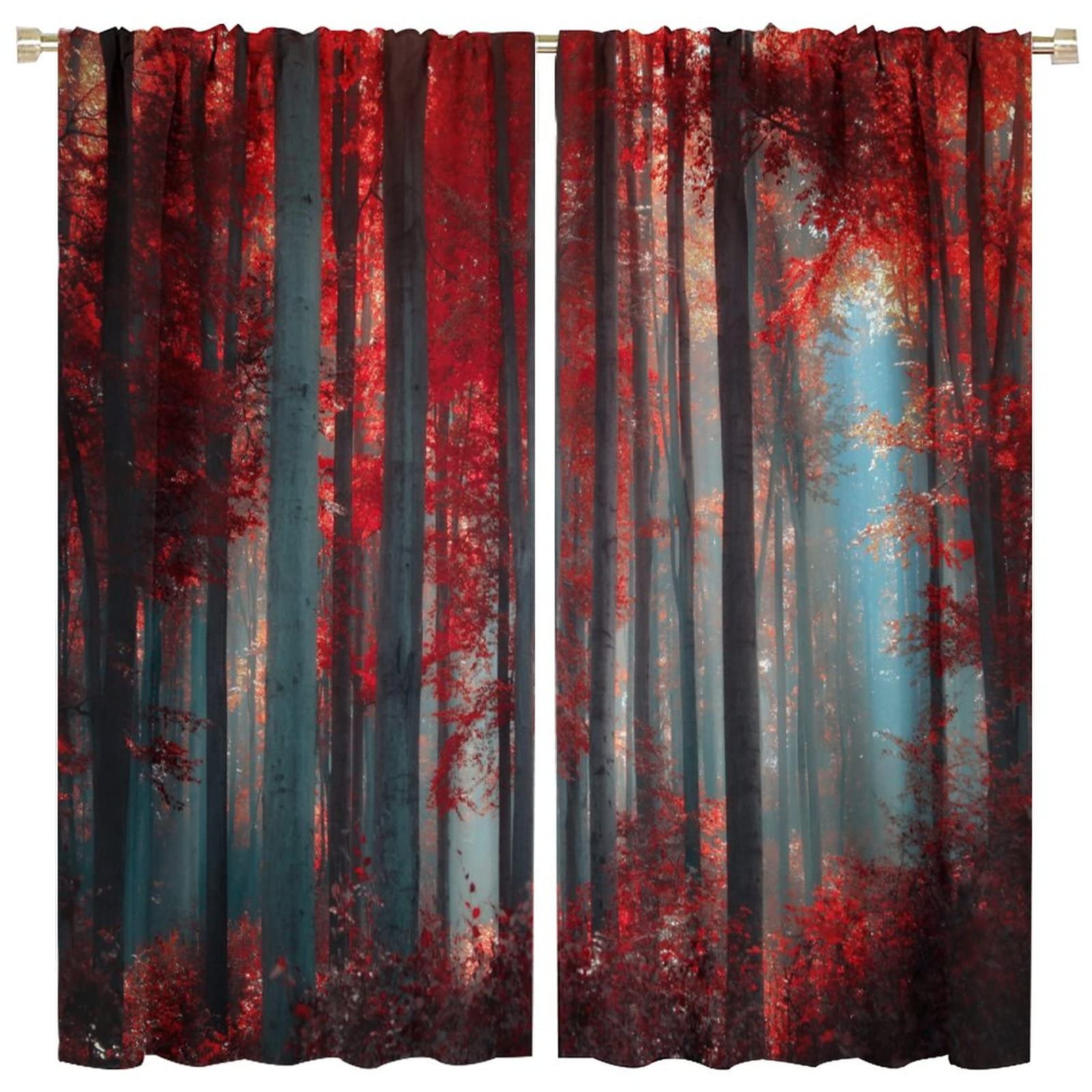 JESTRONRY Red Forest Window Curtains,Mystic Foggy Trees Natural Landscape Print Pattern Blackout Window Rod Pocket Curtains for Bedroom Living Room Kitchen Home Decor,2 Panels W52xL84in