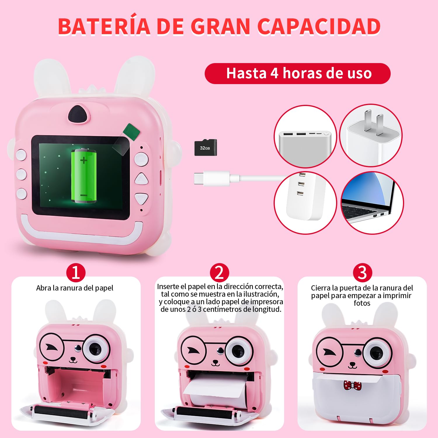 JESWO Macchina Fotografica Bambini Istantanea, Stampa Termica, Funzionalità di Registrazione Foto e Video HD, Inclusa Scheda SD da 32 GB, 3 Rotoli di Carta Termica e Adesivi
