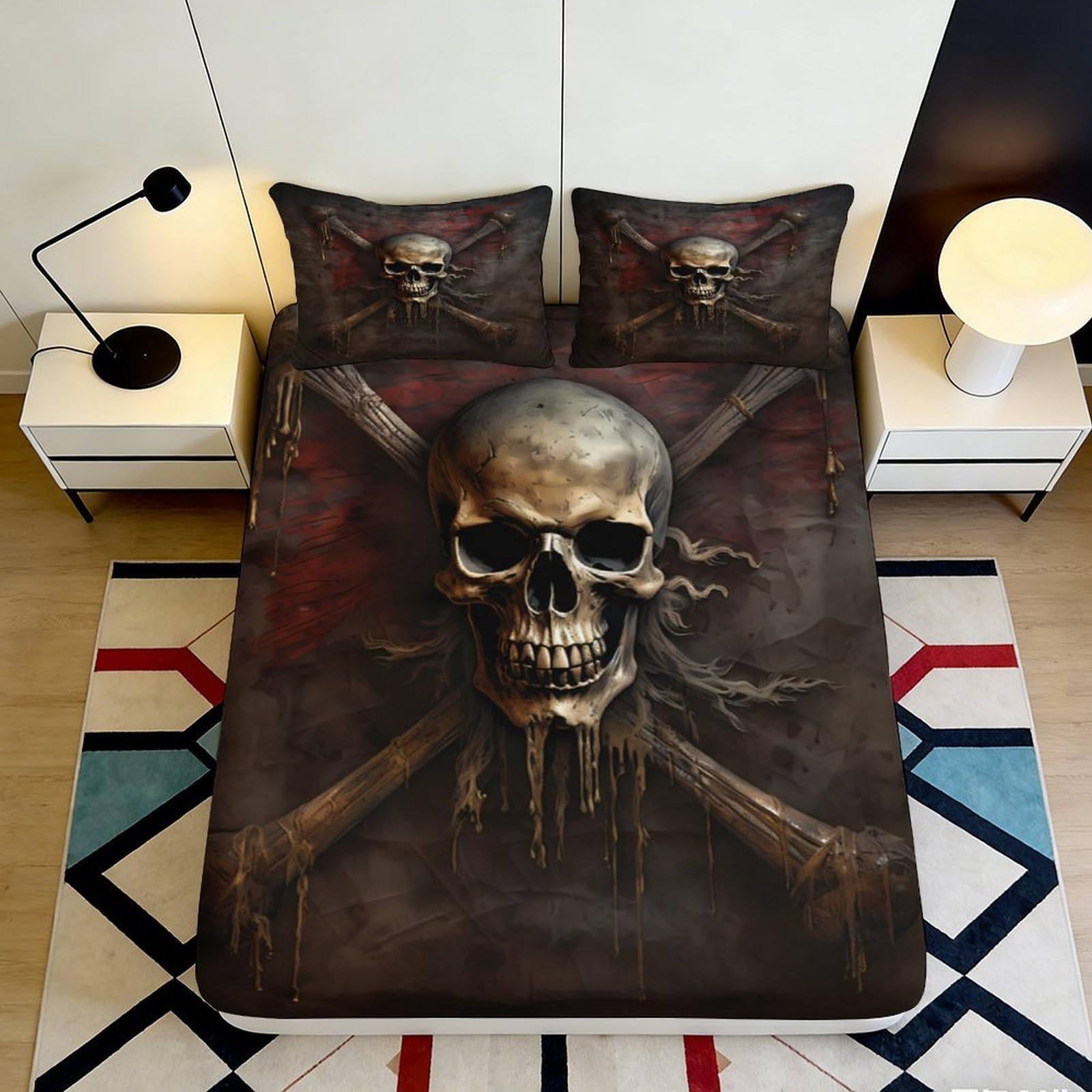 3D Printed Skull And Crossbones Fitted Sheet Microfiber Soft Breathable Dark Gothic Bed Cover for Bedroom Dormitory Guest Room Mattress Protection 120x200x25cm
