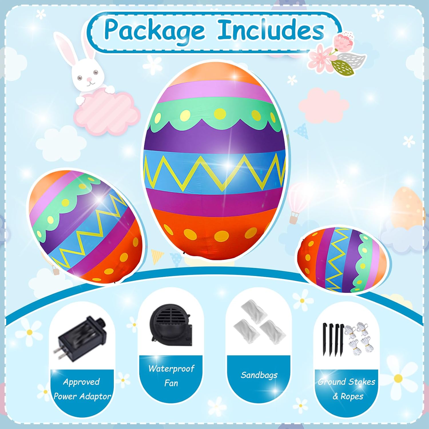 AJY 8 Feet Colorful Eggs Easter Inflatable Built-in Rotating Colored Light, Blow Up Decoration, Yard Lawn Holiday Outdoor and Indoor Decoration