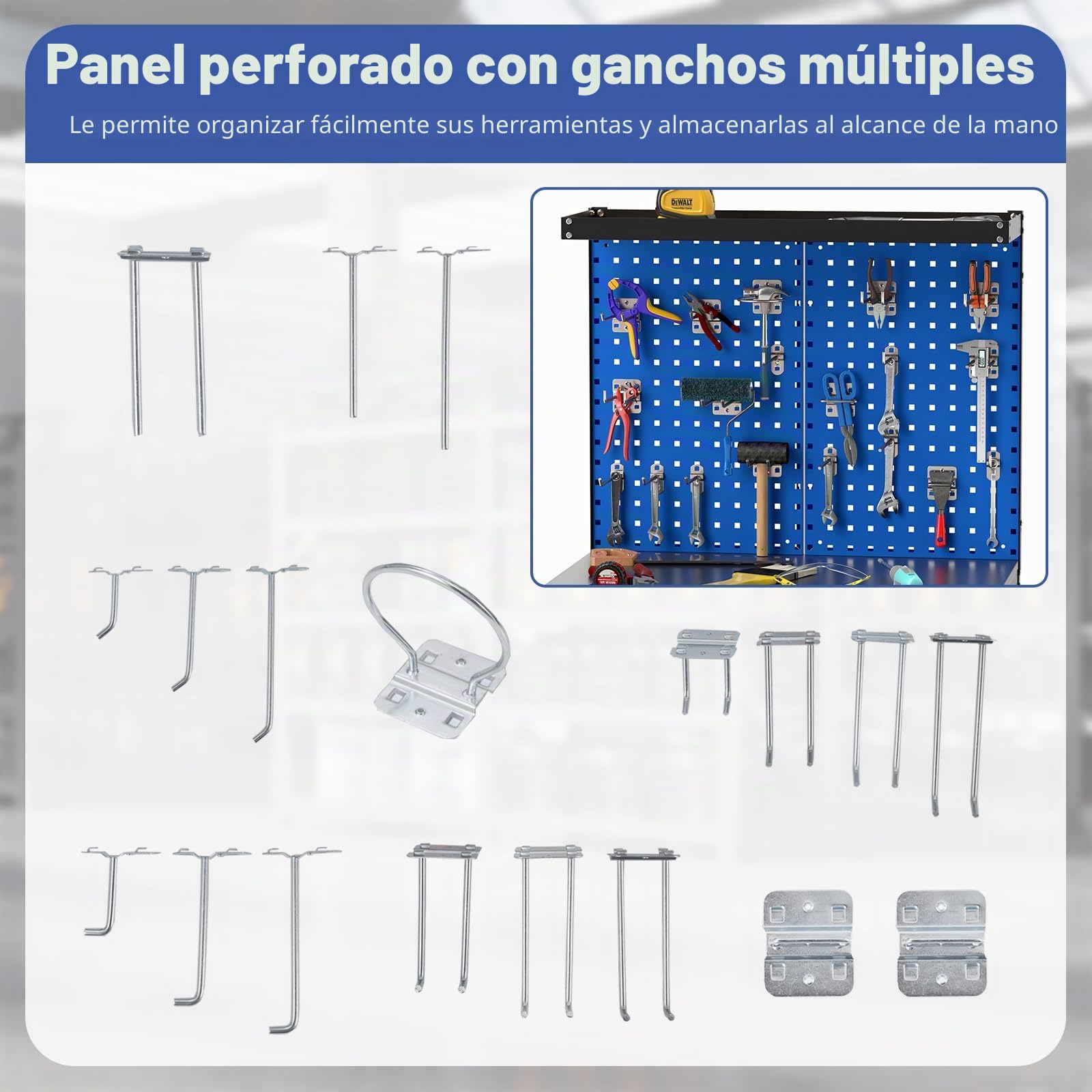 GYMAX Banco de Trabajo con Panel Perforado, Banco de Trabajo Metálico con 2 Cajones, 3 Estantes, 20 Ganchos, Capacidad de Carga de 225 KG, Mesa de Trabajo con Organizador de Herramientas (Azul)