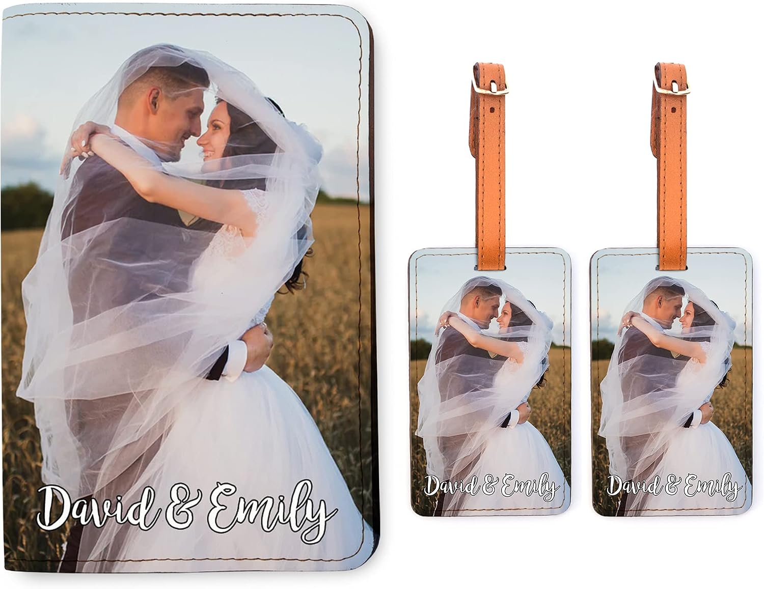 Custom Photo Personalized Passport Holder with Two Luggage Tag Set RFID Travel Wallet Upload Image