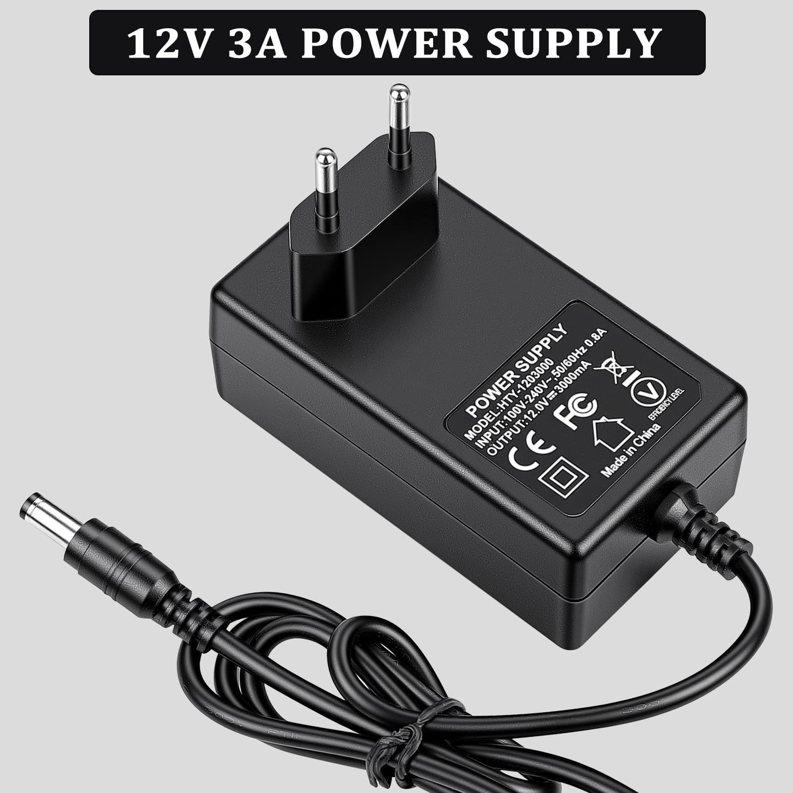 Alimentatore 36W 12V 3A – Spina UE – Convertitore AC/DC – 5,5 mm x 2,1 mm – per Strisce LED, Telecamere di Sorveglianza, DVR, Router, Amplificatori Audio – Protezione da Sovraccarico