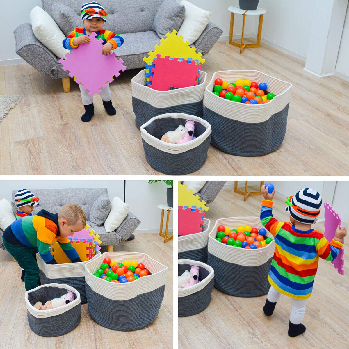 DuneDesign 3er Set Wäschekorb Geflochten - 20-45l Baumwoll Korb Aufbewahrung - Wäschesammler Kinder Korb Wickelkommode Baby Wäschekorb Wickeltisch - Aufbewahrungskorb Spielzeug Deko Körbe Geflochten