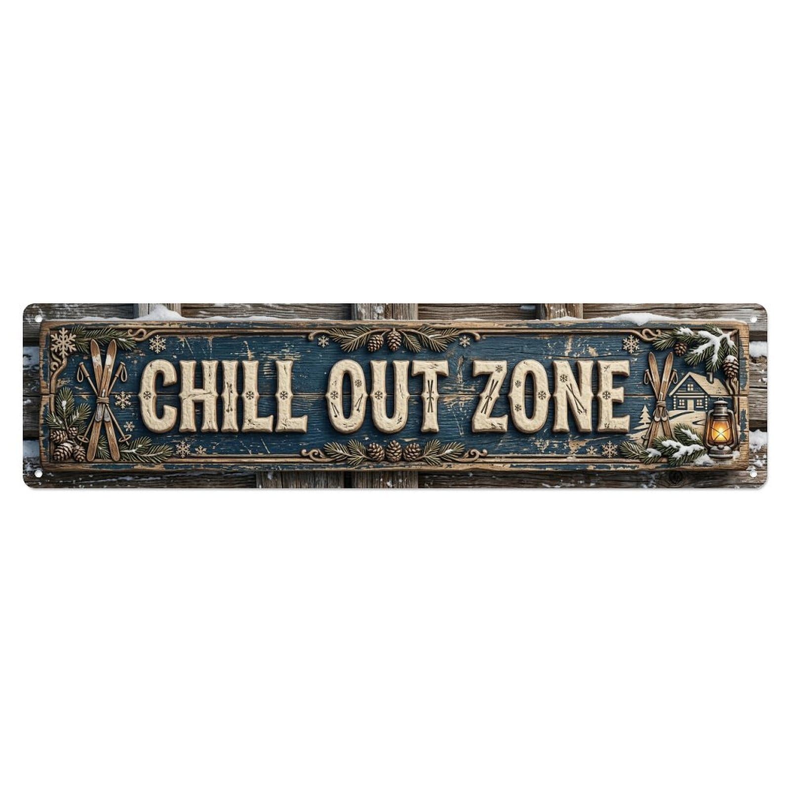 Chill Out Zone Worn Ski Lodge Metal Tin Skinny Sign Plaque Wall Decor for Cafe, Club Bar, Office, Home Garden Metal Poster 4x16Inch